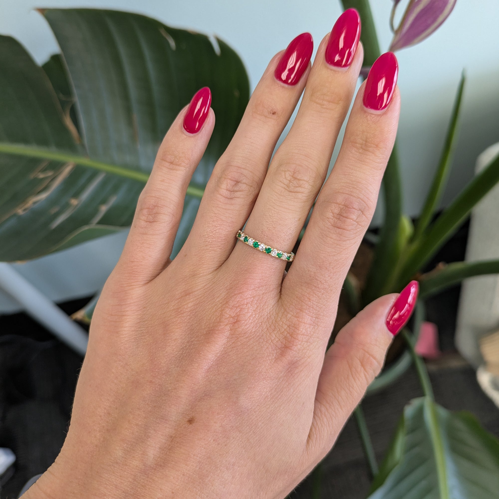 14K yellow gold diamond and emerald band ring