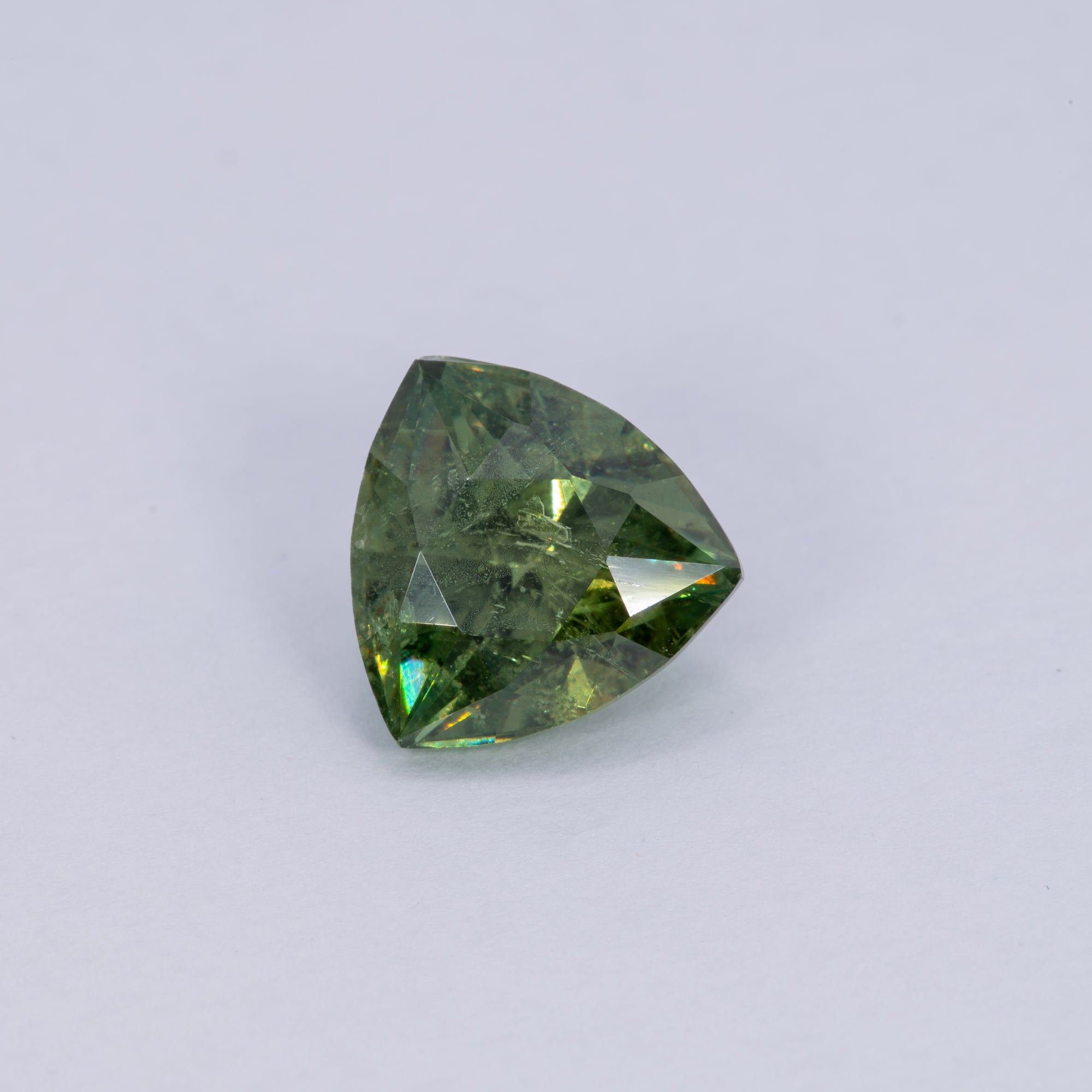 3.01 carat GIA certified Green Dragon demantoid garnet, trillion cut, 8.66x8.43mm loose gemstone