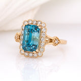Isola 14K Yellow Gold Cambodian Blue Zircon and Diamond Ring | EM 10x5.5mm