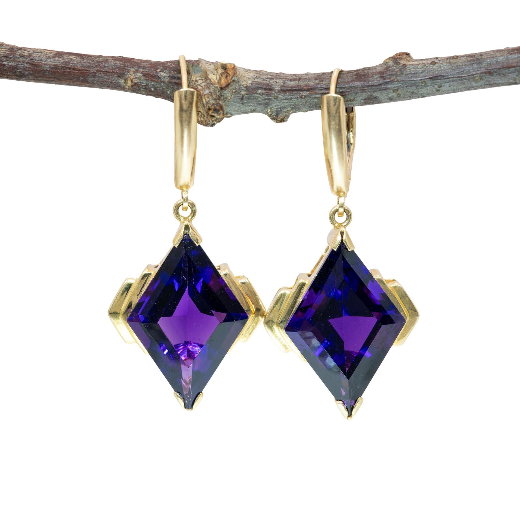 Zambian Amethyst Dangle Earrings in 14K Yellow Gold | Diamond Accents | Kite Cut | 22x13mm | February Birthstone