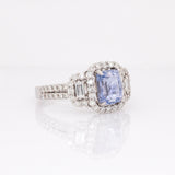 Cinderella Solid 14k White Gold Cornflower Blue Sapphire Ring with Natural Diamond Accents | Emerald cut, 8x7mm