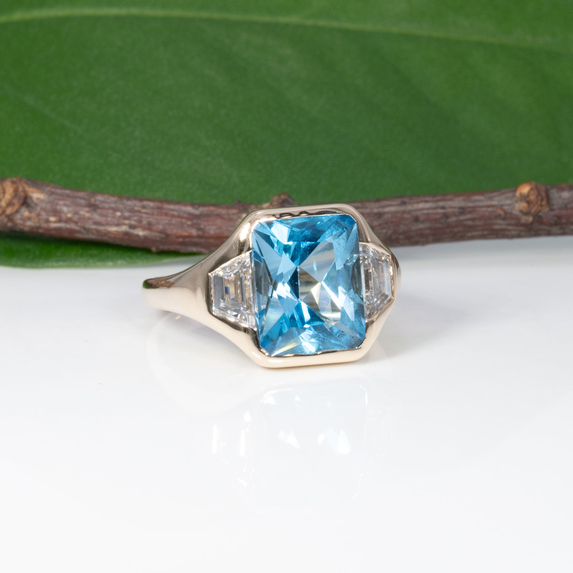 14K yellow gold London blue topaz ring with lab diamond accents