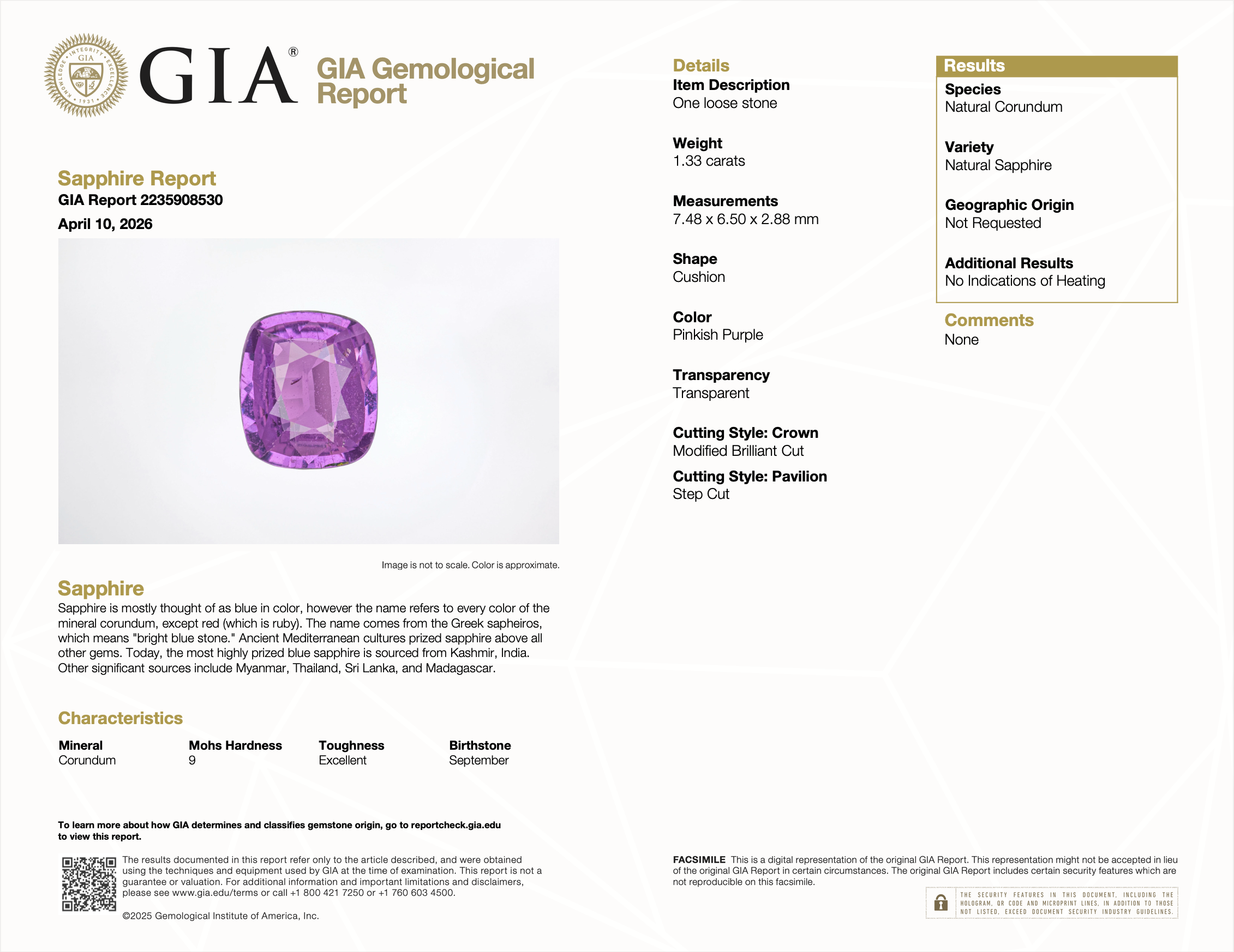 GIA certified natural purple sapphire cushion loose gemstone