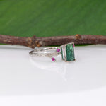 14K white gold indicolite tourmaline ring with pink sapphire accents