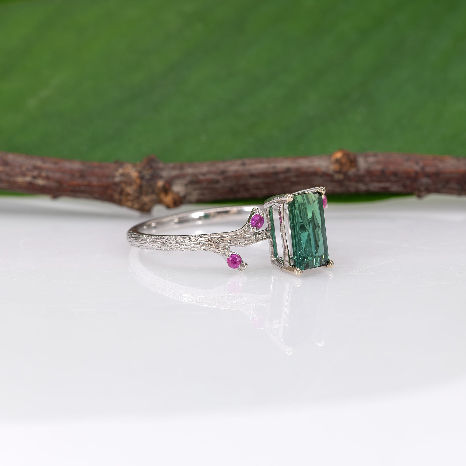 14K white gold indicolite tourmaline ring with pink sapphire accents