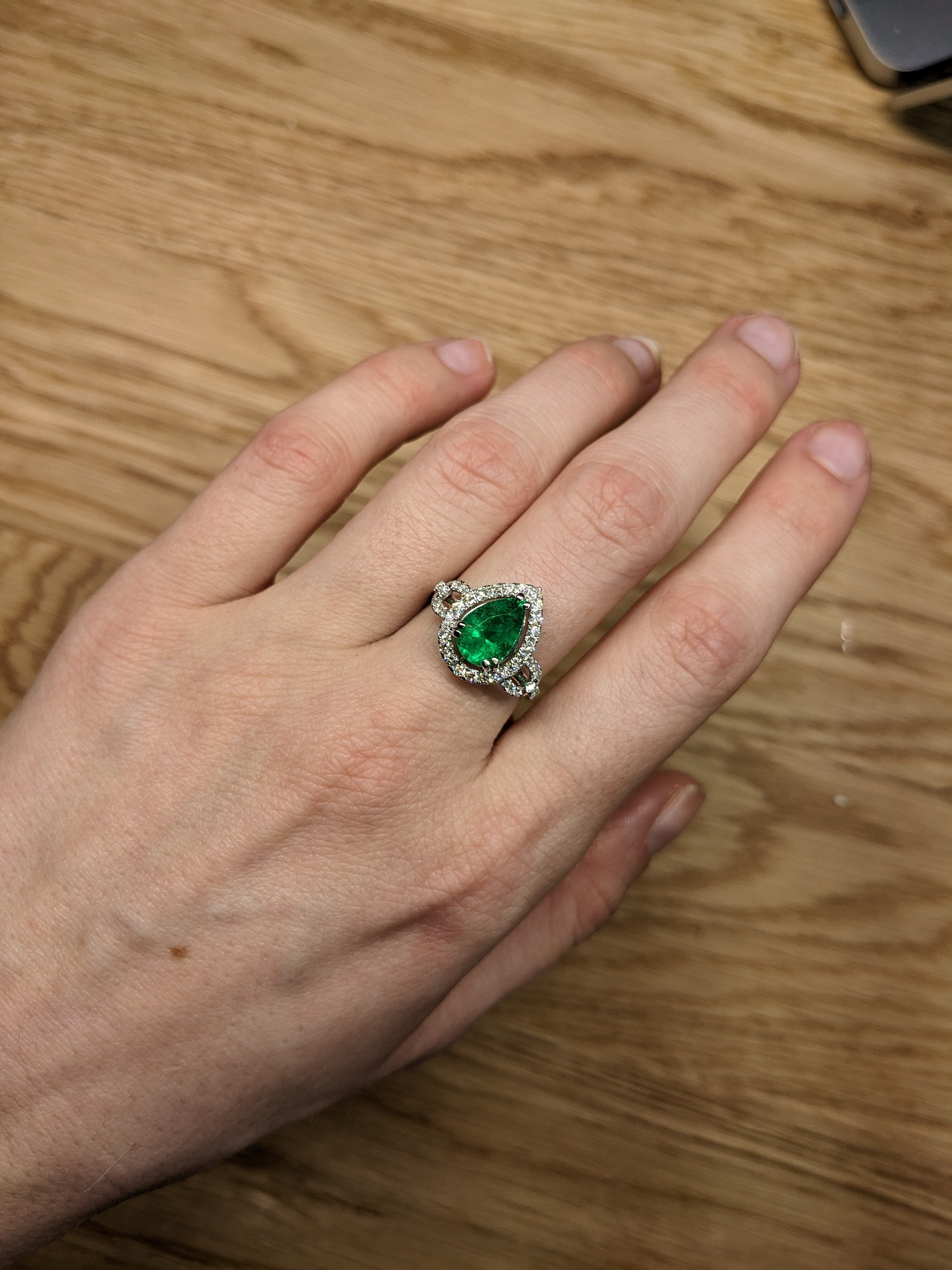 gia certified 2.08cts colombian emerald ring w earth mined diamonds in solid 14k gold | pear 10x8mm