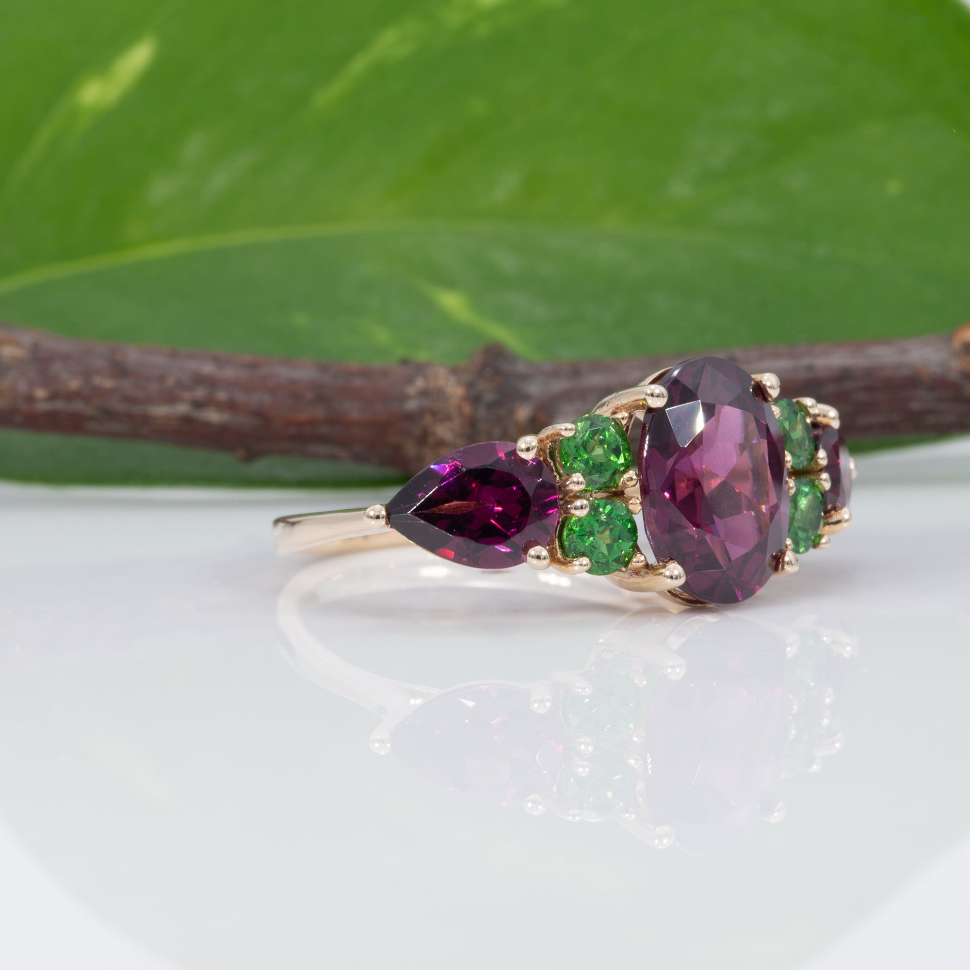 14K yellow gold purple garnet ring