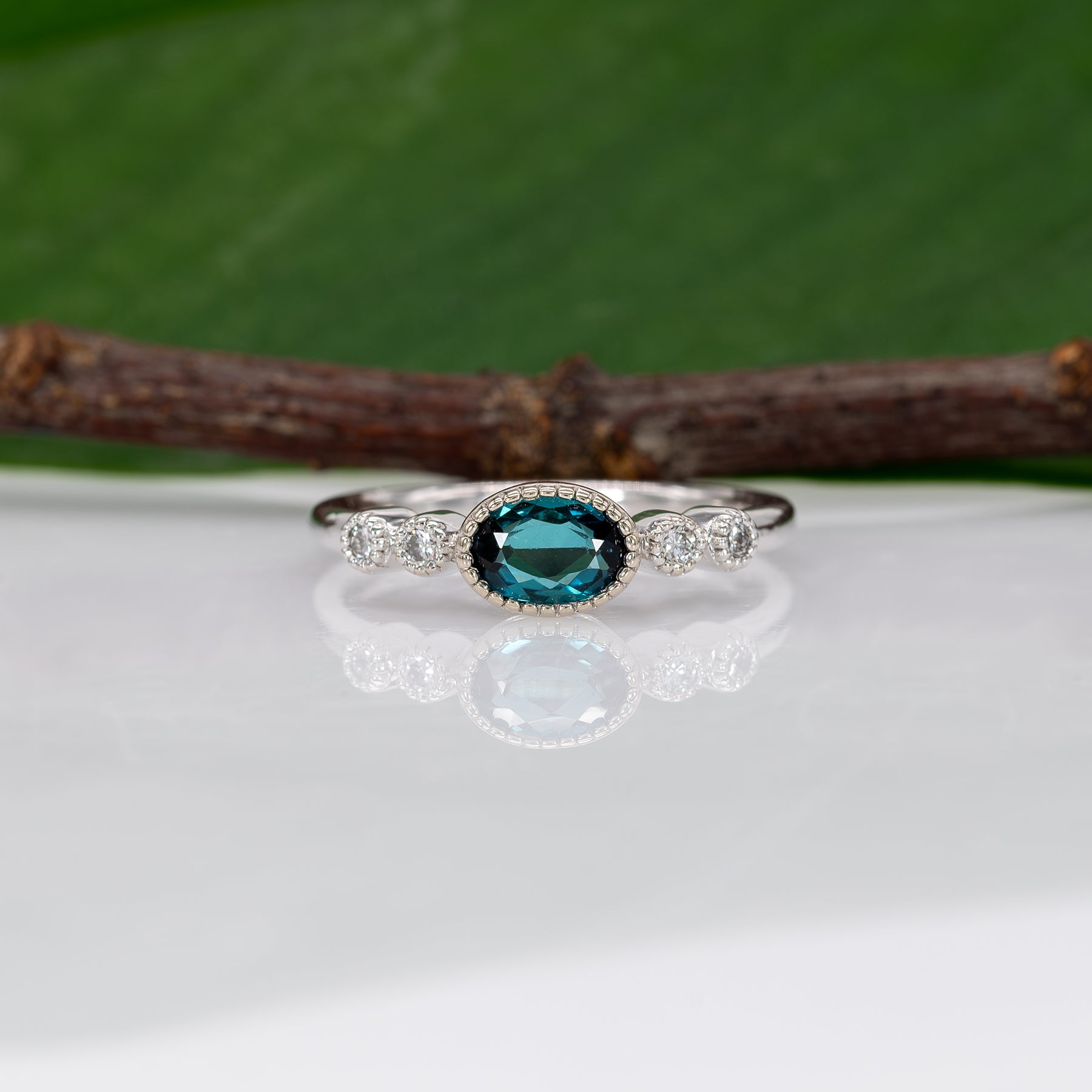 14K white gold indicolite tourmaline ring with diamond accents