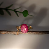 4.2ct Star Ruby Ring w Natural Diamond Accents in Solid 14K Gold | OV 16x12mm