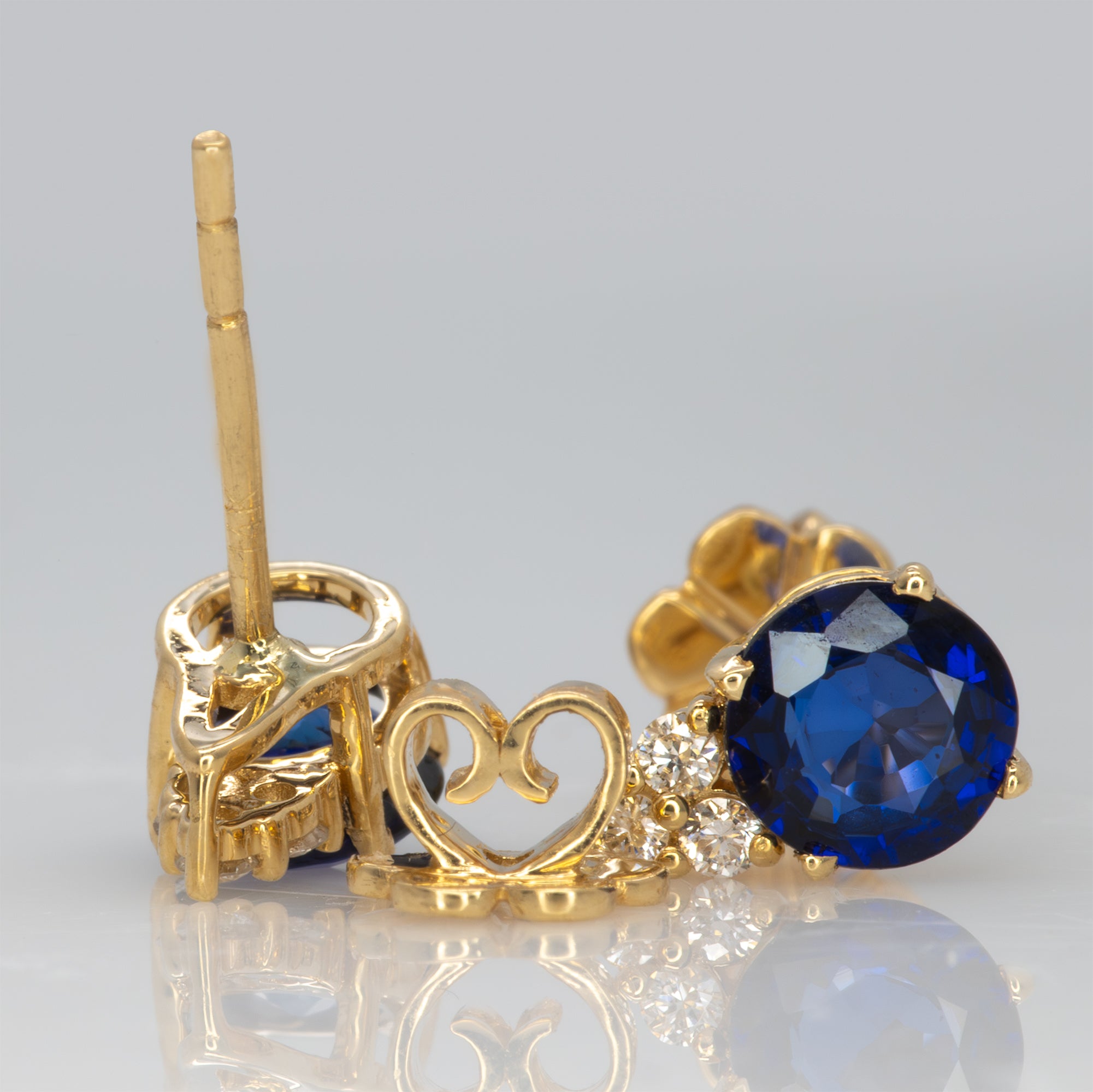 14K yellow gold Ceylon blue sapphire stud earrings with diamonds