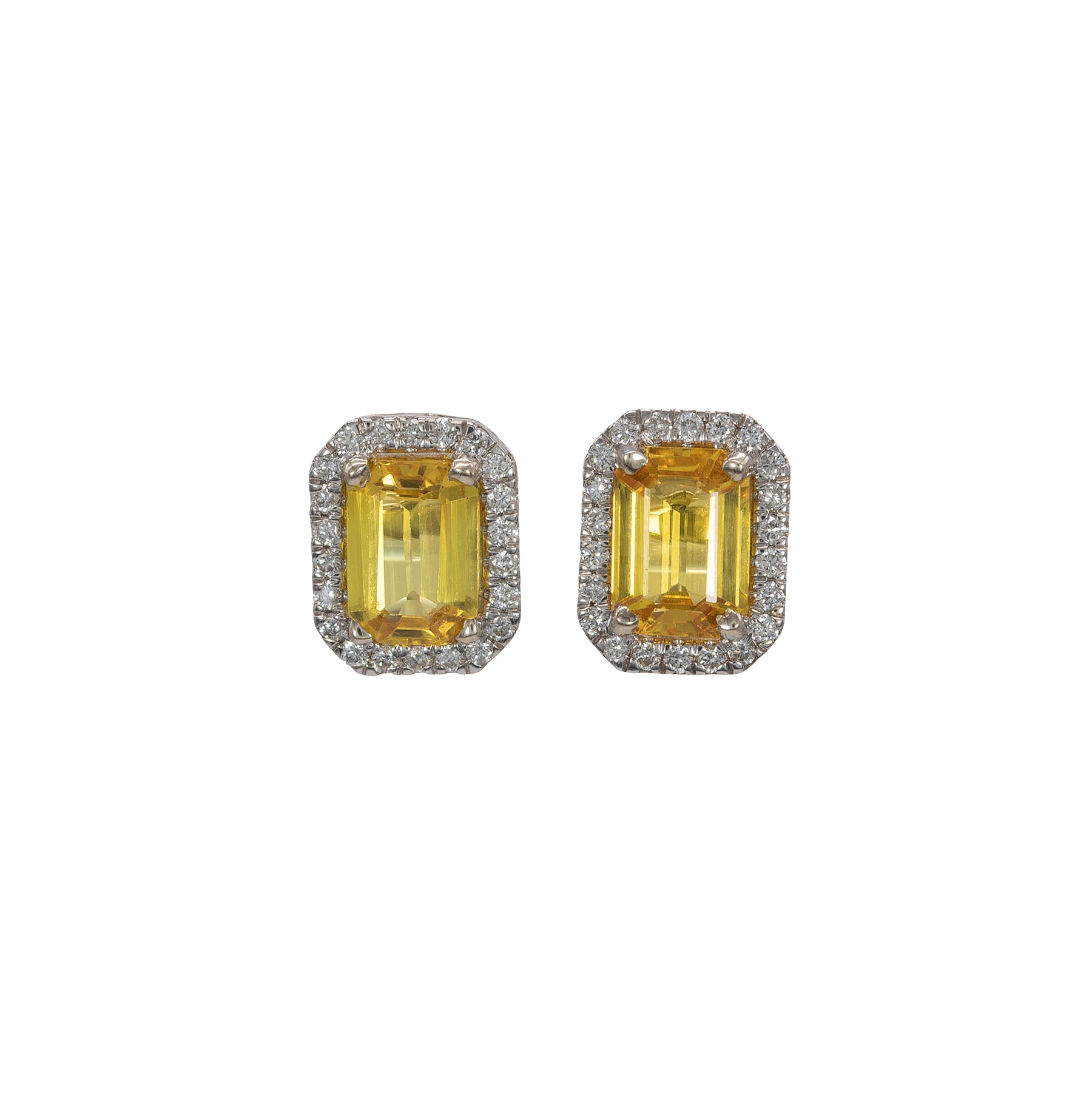 14K white gold yellow sapphire stud earrings with diamond halo