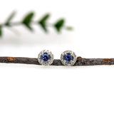 Dainty Tanzanite Studs w Natural Diamond Halo in Solid 14K White Gold | RD 4mm