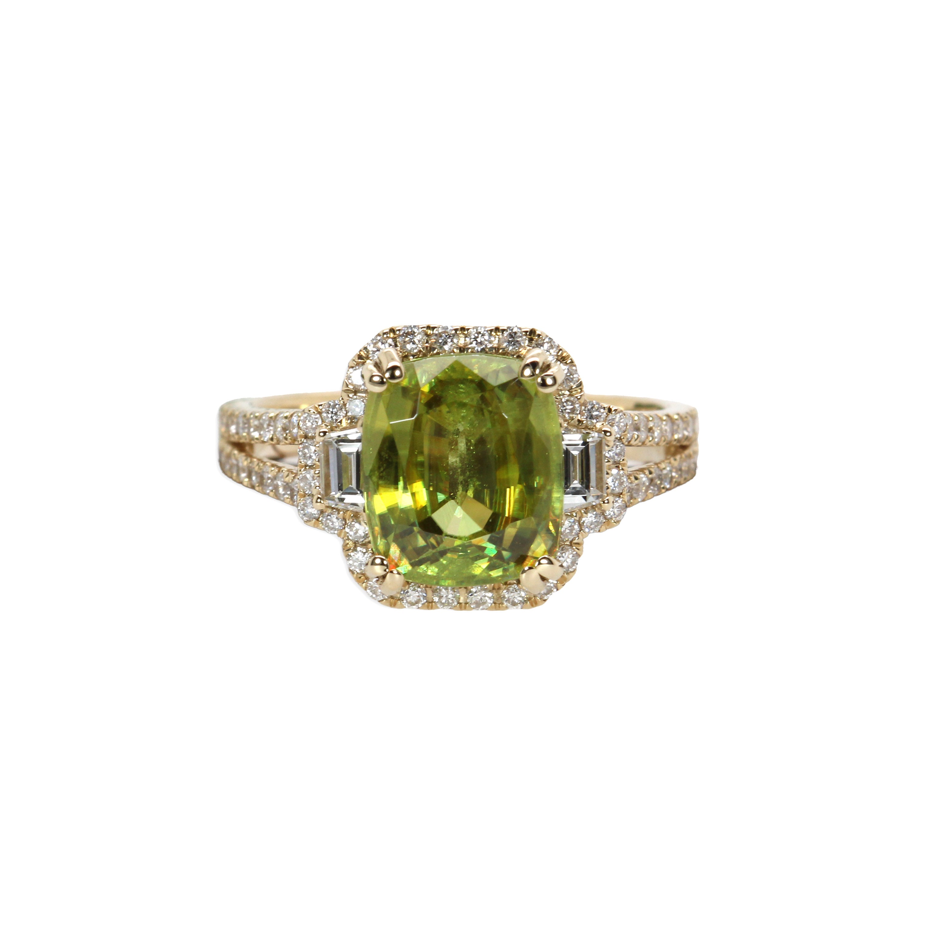 Adhya 14K Yellow Gold 3.63cts Sphene Diamond Ring | Cushion Cut 9x7mm