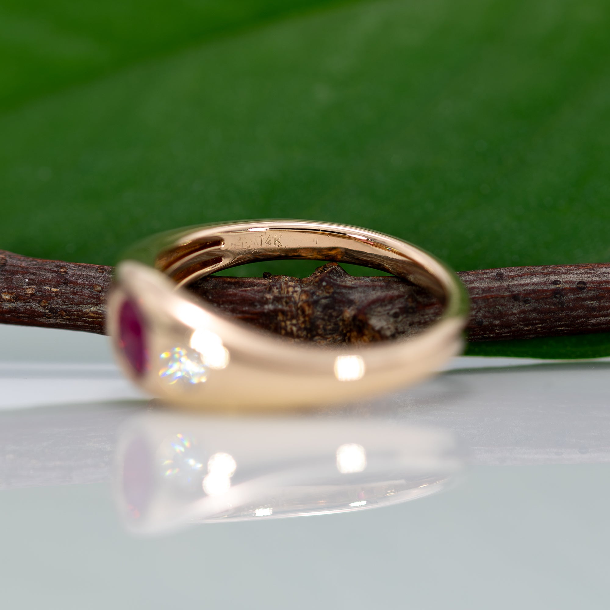 14K yellow gold Burma ruby ring with diamond accents
