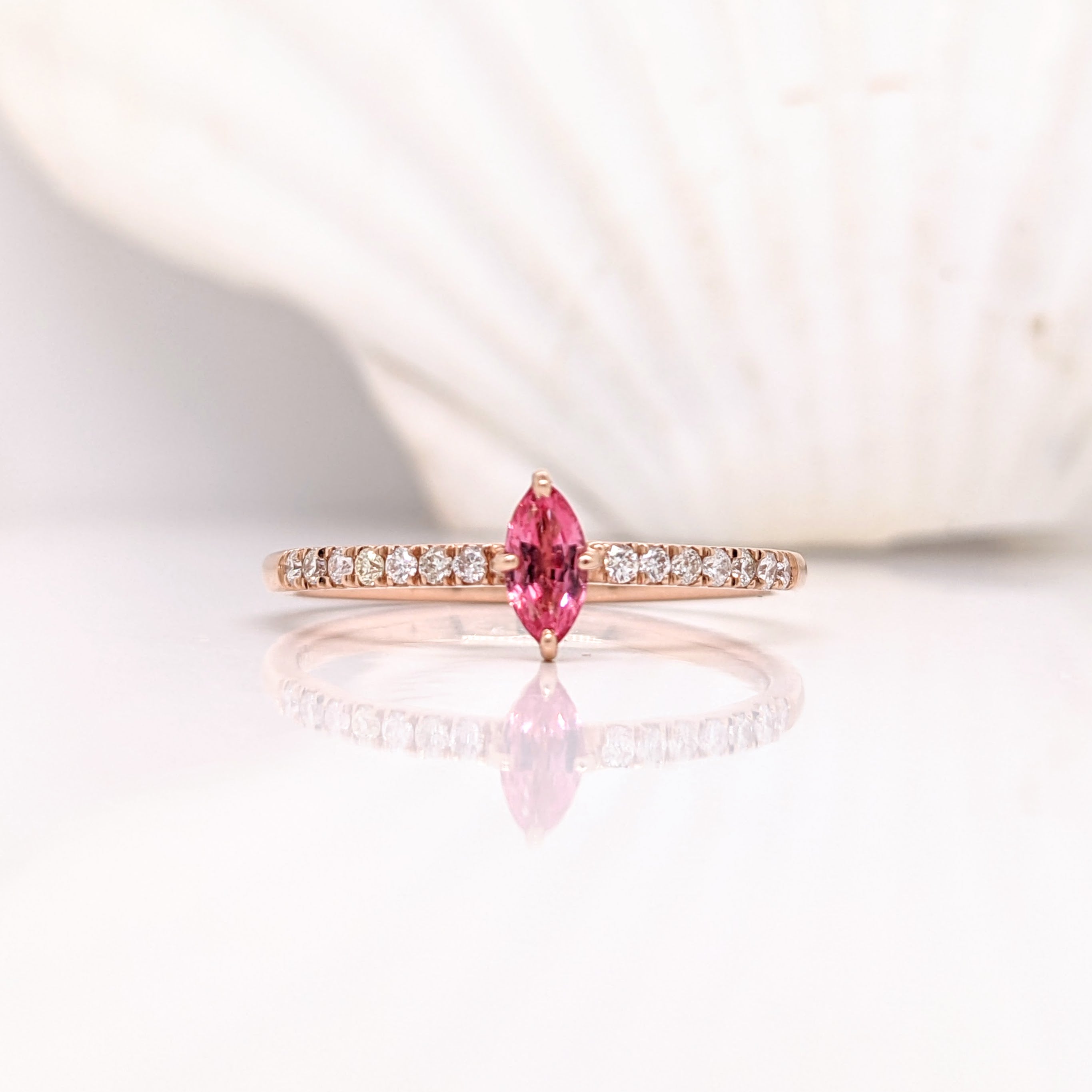 Adorable Pink Spinel Ring w Diamond Accents in Solid 14K Rose Gold | MQ 6x3mm