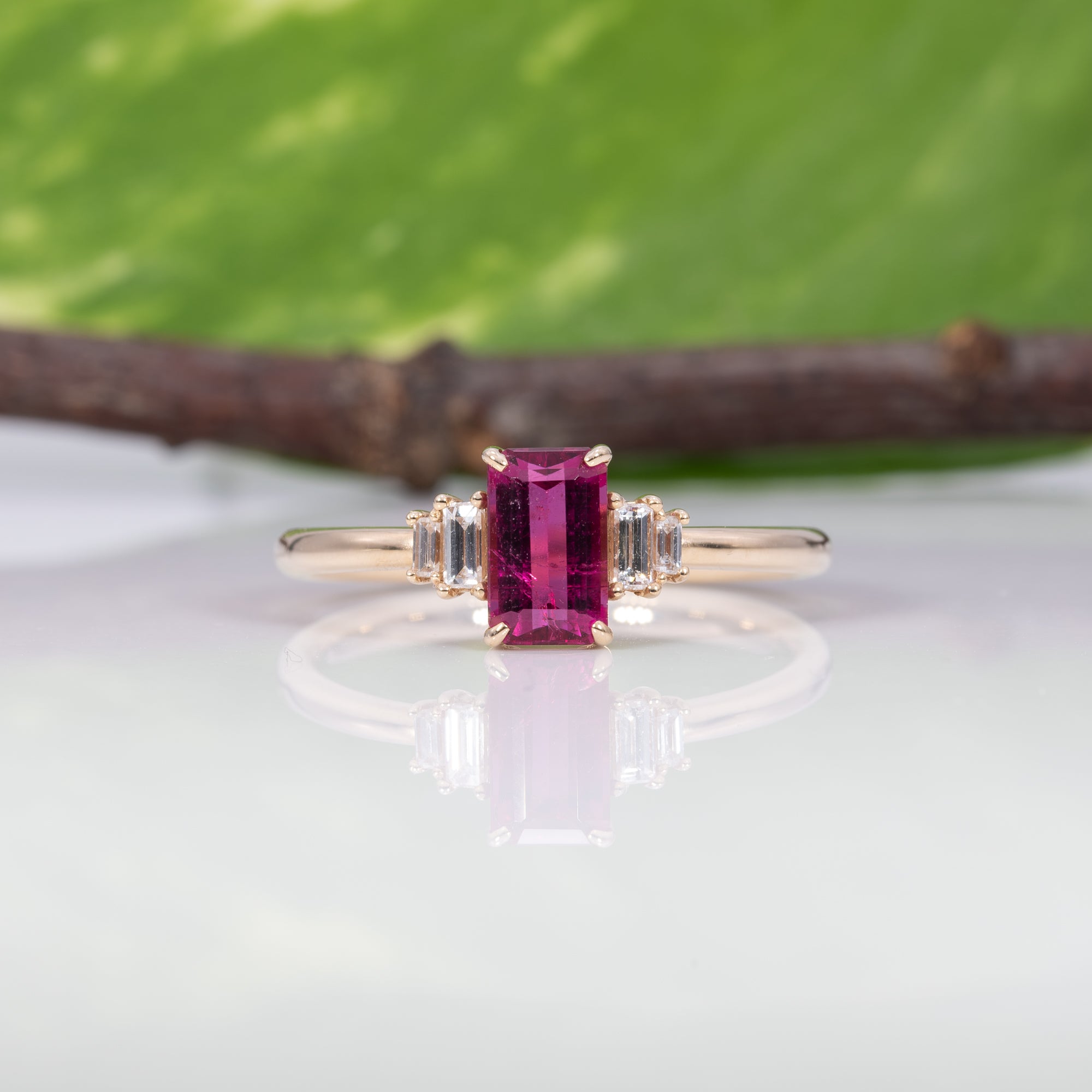 14K yellow gold pink tourmaline ring with diamond accents