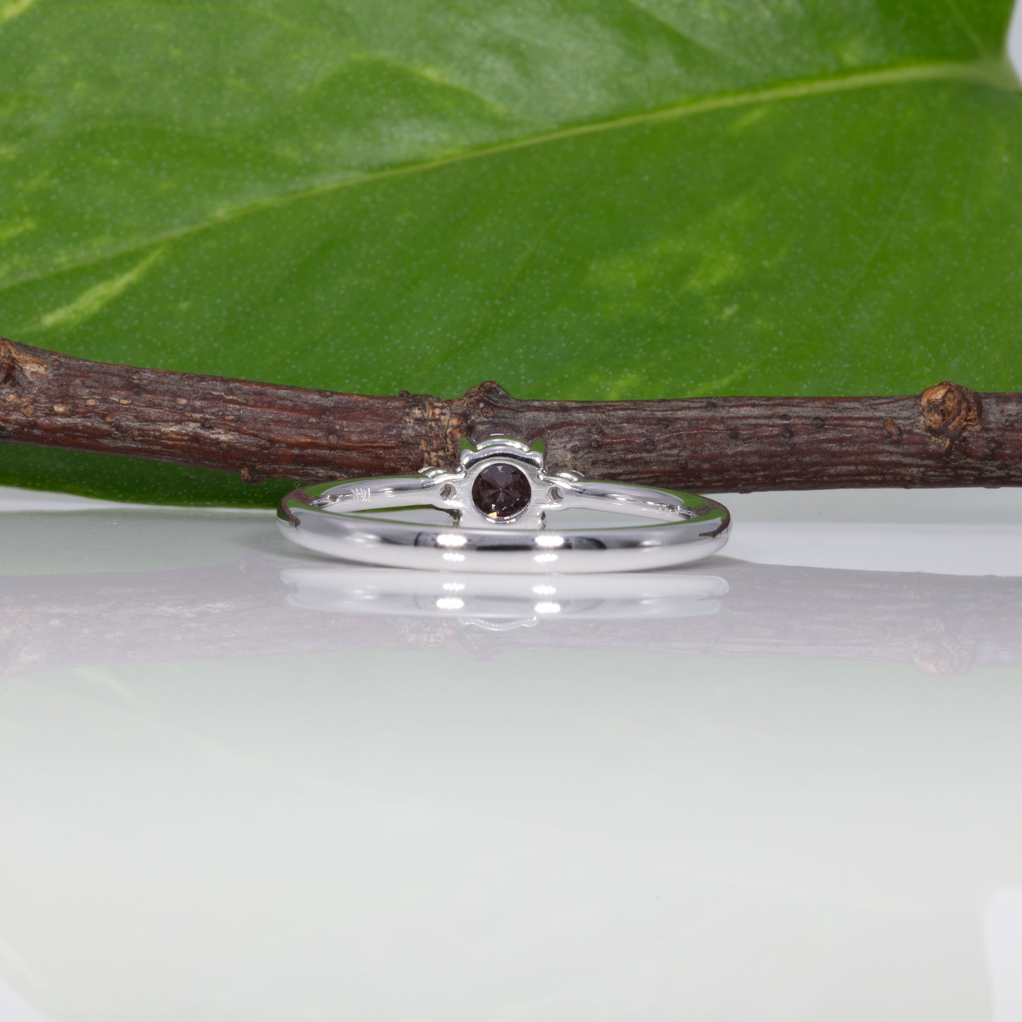 14K white gold minimal purple spinel ring with diamond accents