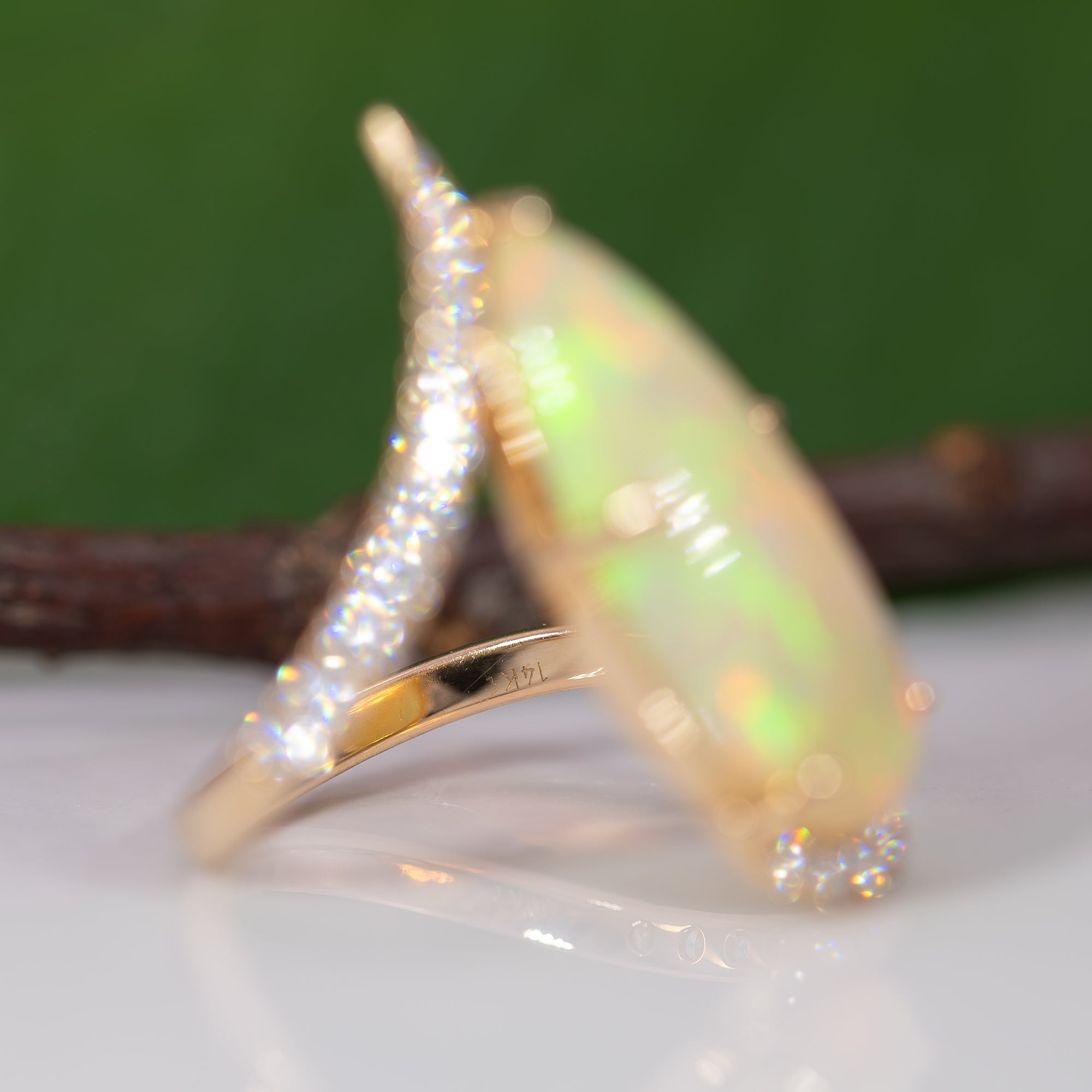 14K yellow gold Ethiopian opal cabochon ring with diamonds
