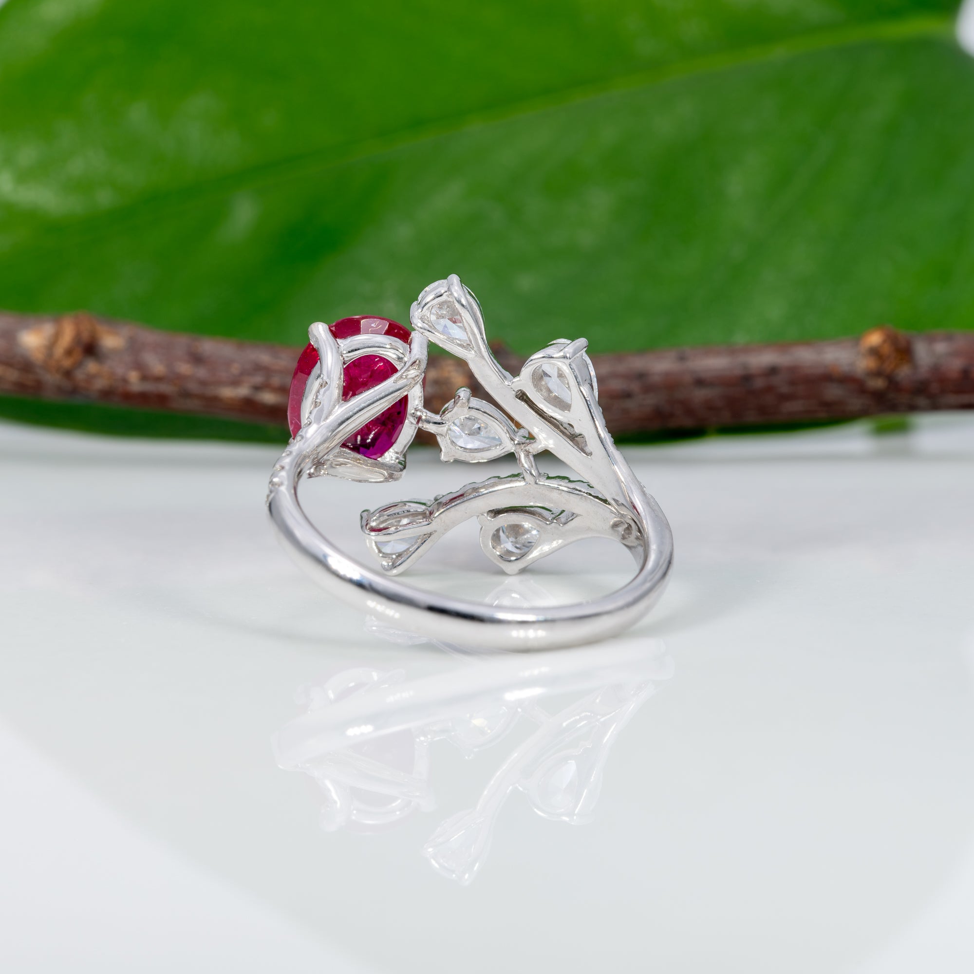 14K white gold mozambique ruby ring with diamond accents