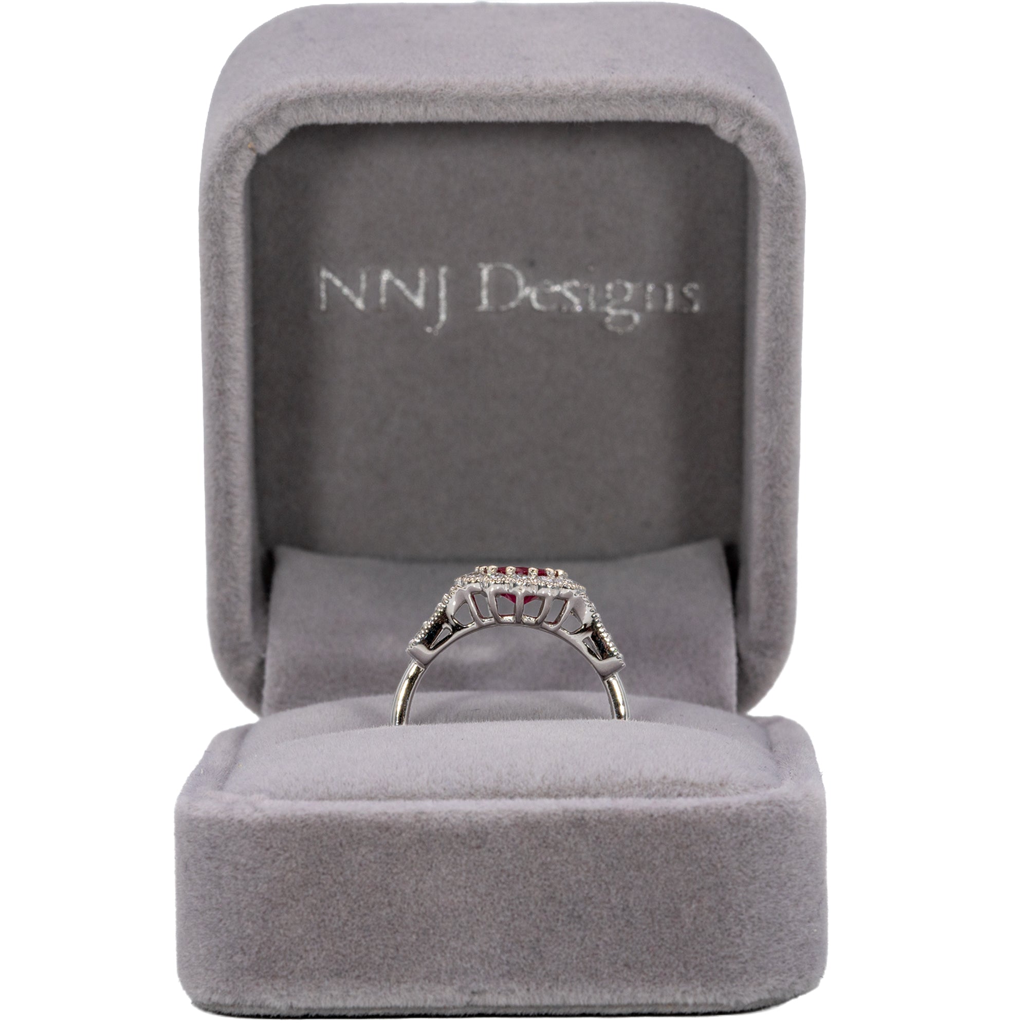 14K white gold Burma ruby ring with diamond accents