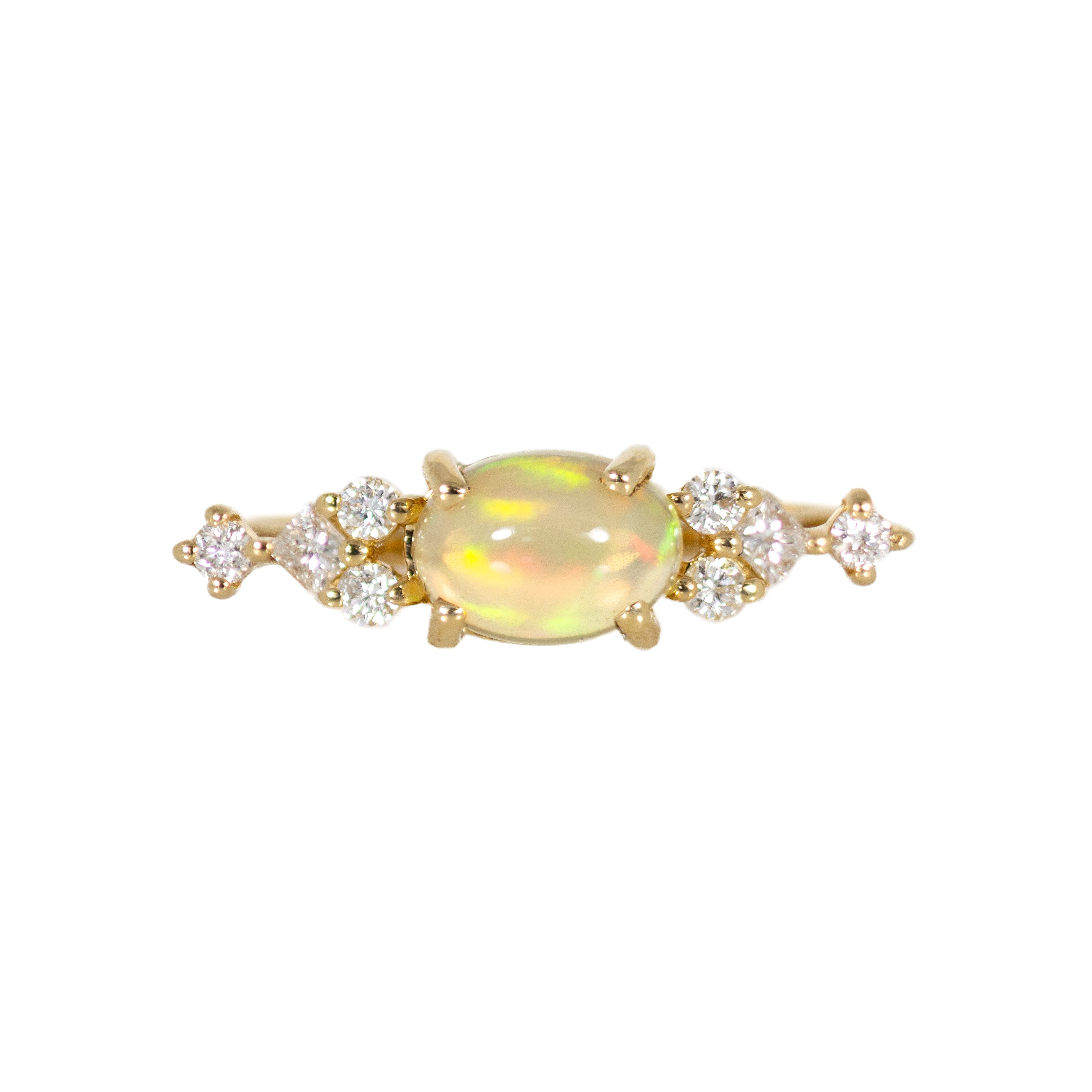 East West Opal Ring w Earth Mined Diamonds in Solid 14k Yellow Gold | Oval 8x6mm | October Birthstone
