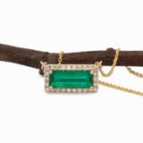 Soleil Solid 14k Gold Colombian Emerald Necklace with Natural Diamonds Accents, Emerald cut 11x4