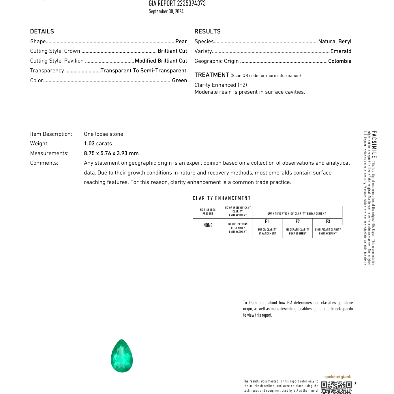 1.03ct colombian emerald pear 8.7x5.7mm loose green gemstone