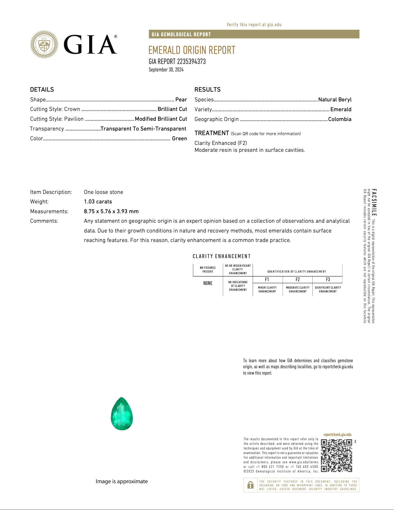 1.03ct colombian emerald pear 8.7x5.7mm loose green gemstone