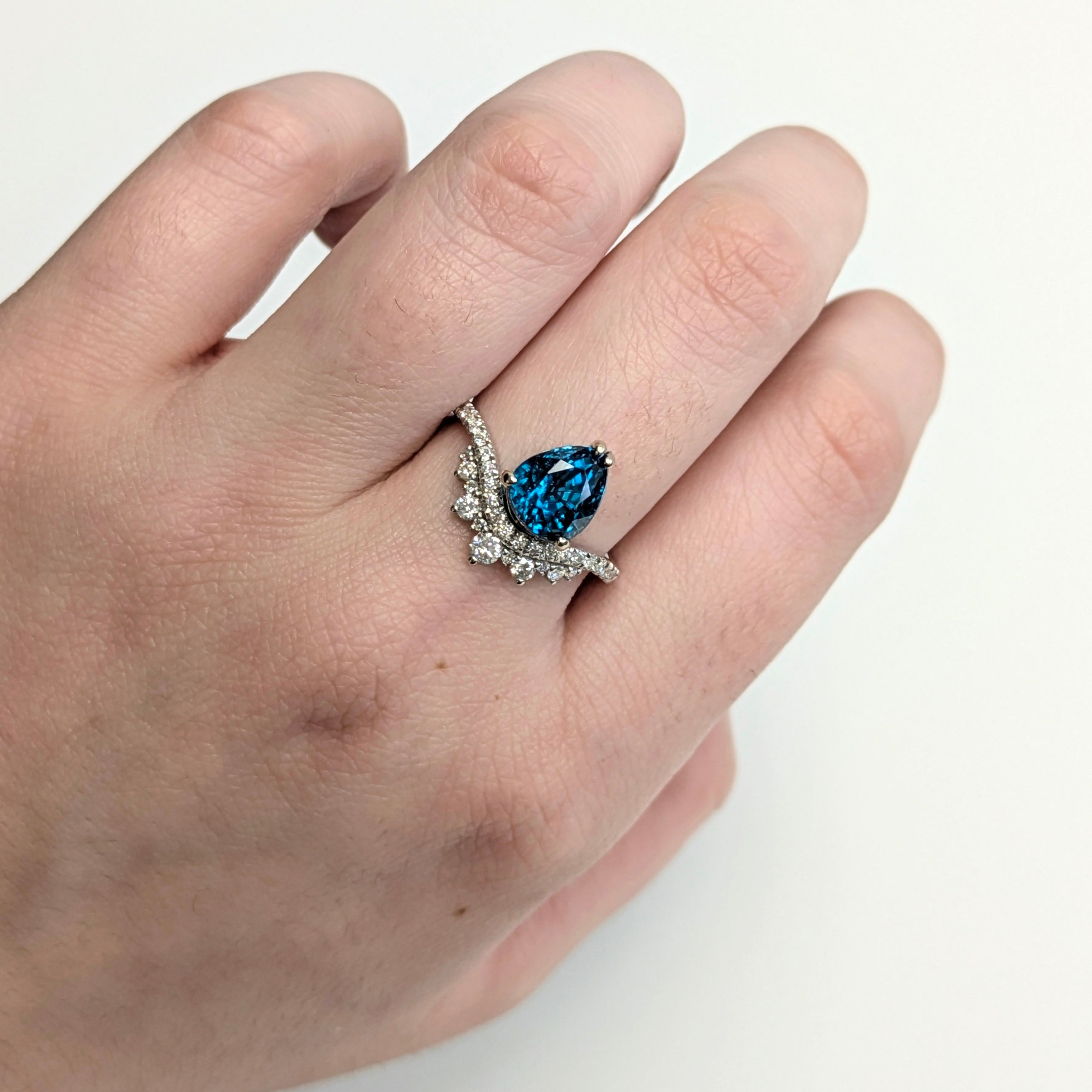 Anu 14K White Gold 3.78cts Blue Zircon Diamond Ring | Pear Shape 9x7mm
