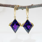 Zambian Amethyst Dangle Earrings in 14K Yellow Gold | Diamond Accents | Kite Cut | 22x13mm | February Birthstone
