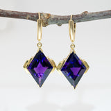 Zambian Amethyst Dangle Earrings in 14K Yellow Gold | Diamond Accents | Kite Cut | 22x13mm | February Birthstone