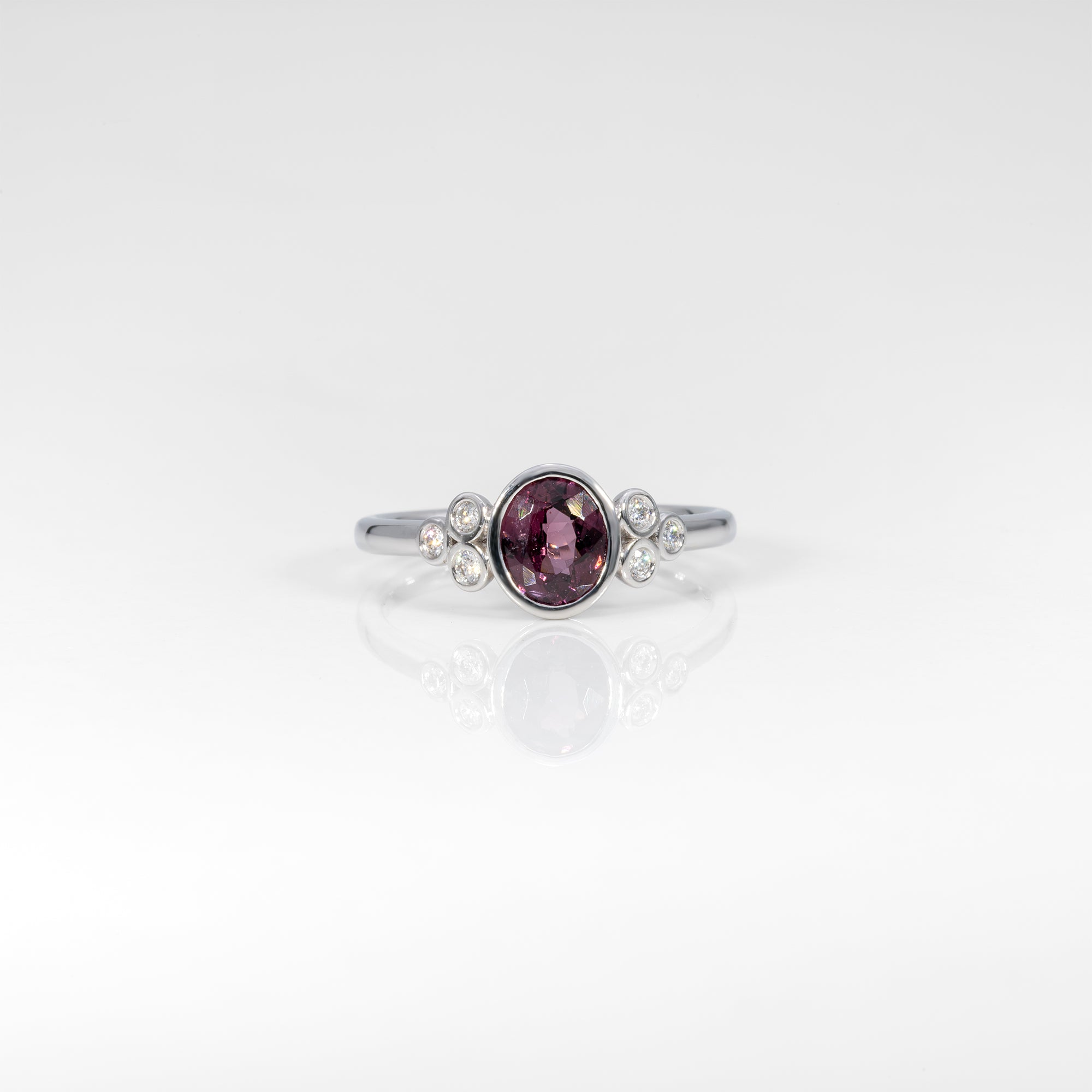 14K white gold purple spinel ring with diamond accents