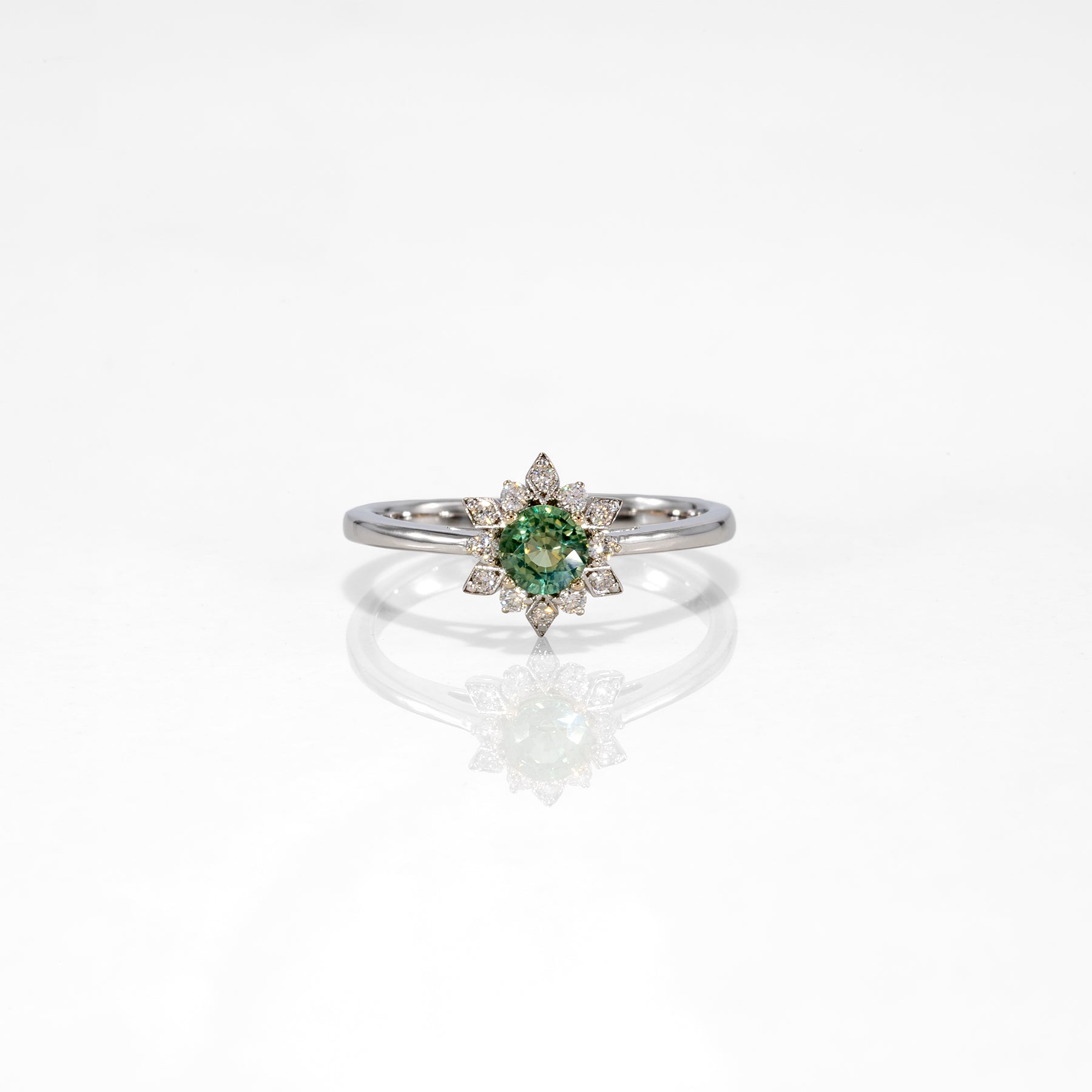 14K white gold alexandrite ring with diamond accents