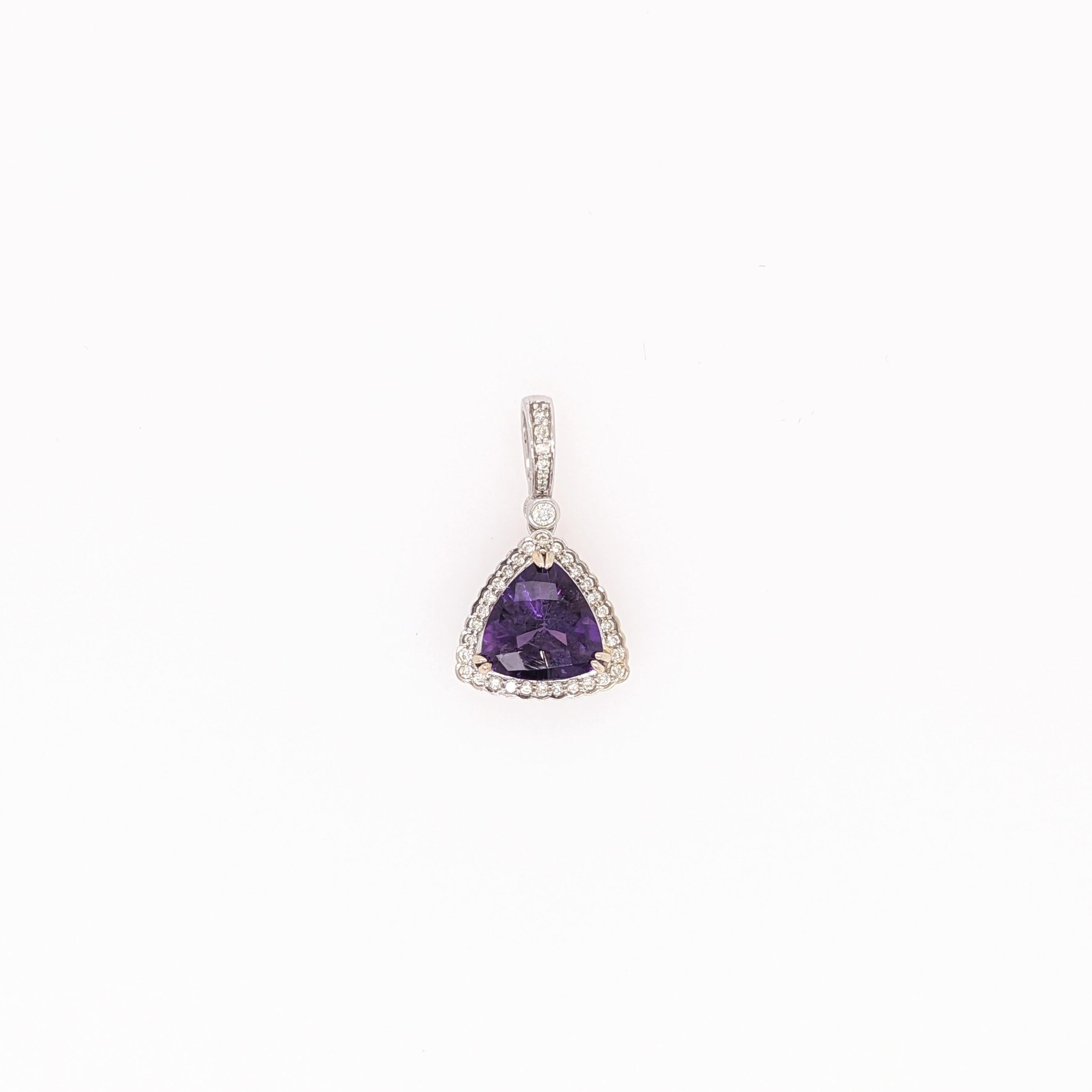 Classy Purple Amethyst Pendant in Solid 14k White Gold with Natural Diamond Accents | Trillion 9mm