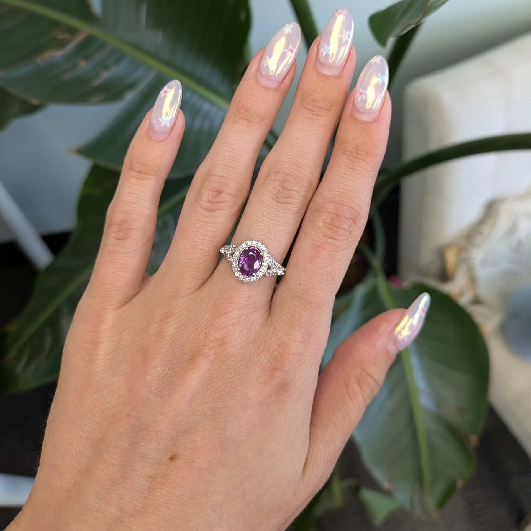 14K white gold pink sapphire oval ring with diamond halo