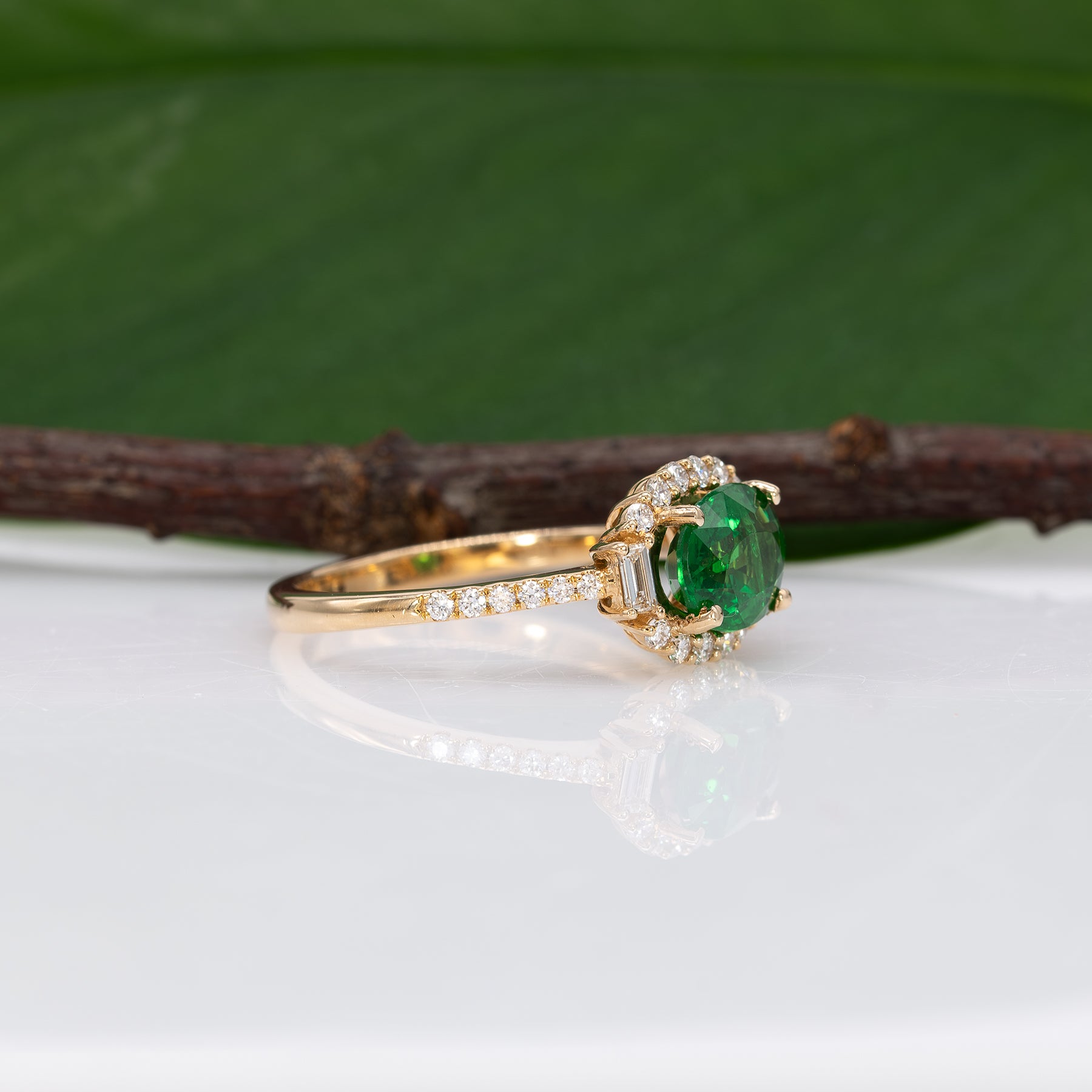 14K yellow gold tsavorite garnet ring with diamond accents