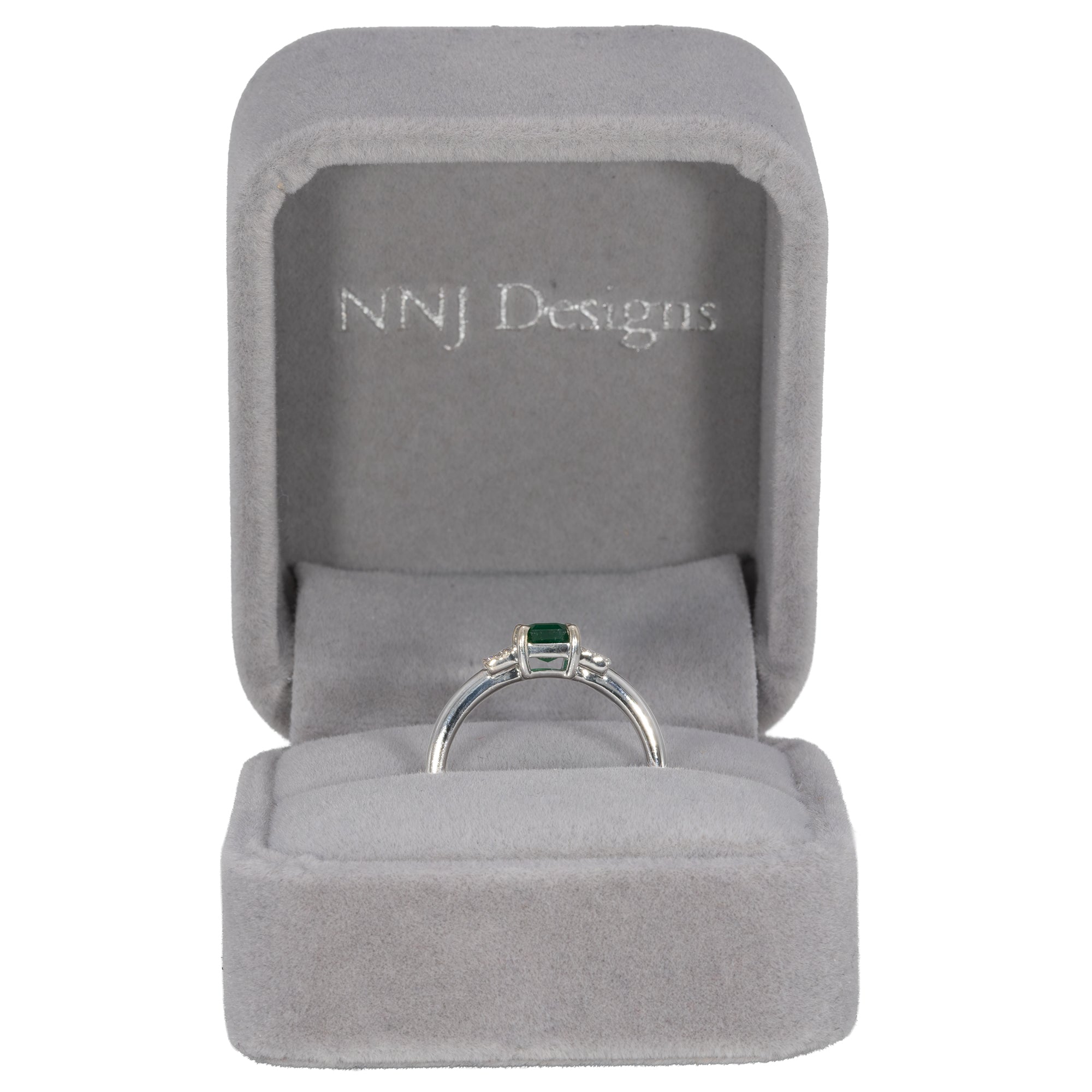 14K white gold Zambian emerald ring with diamond accents