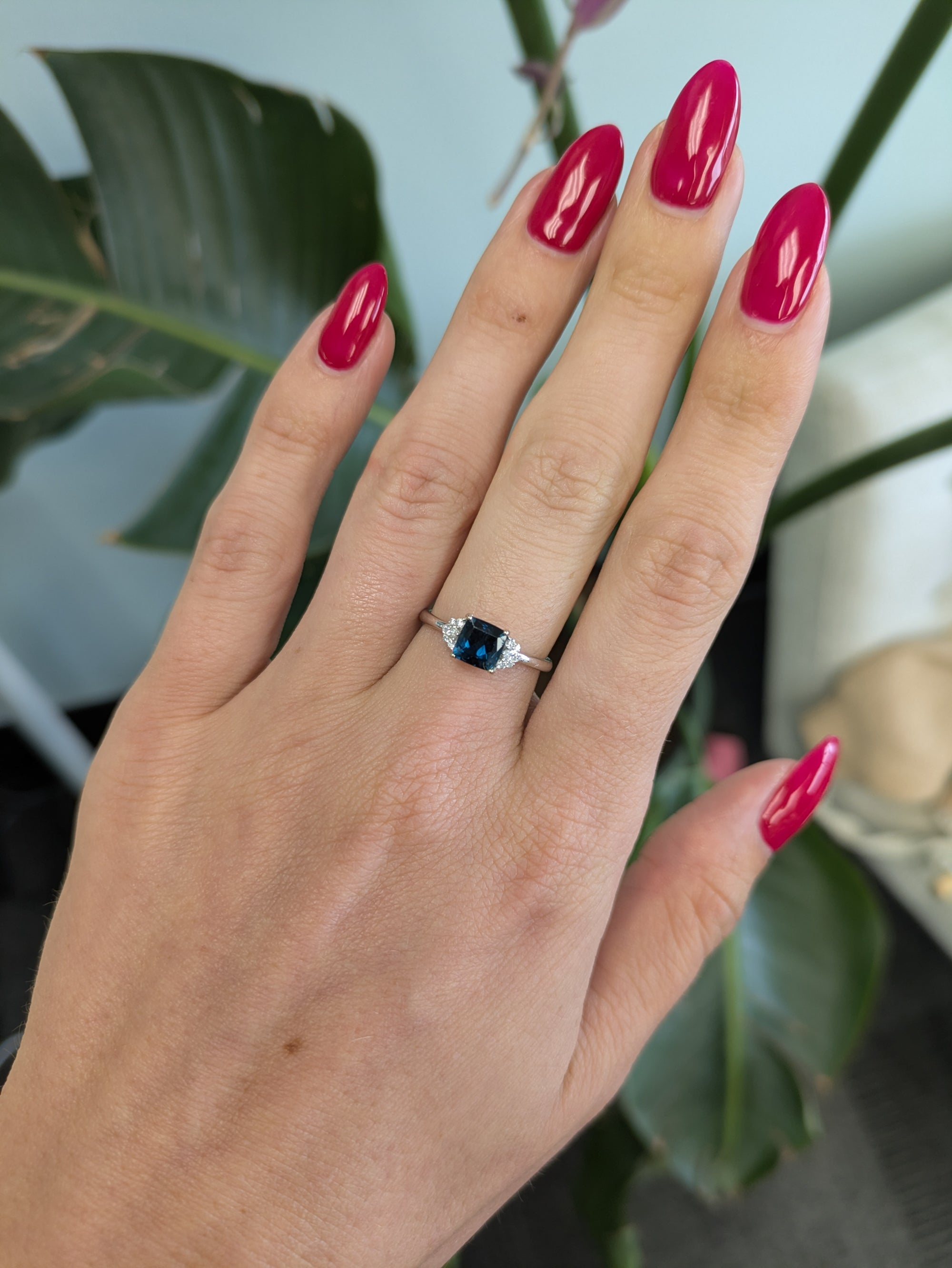 14K white gold indicolite tourmaline ring with diamond accents