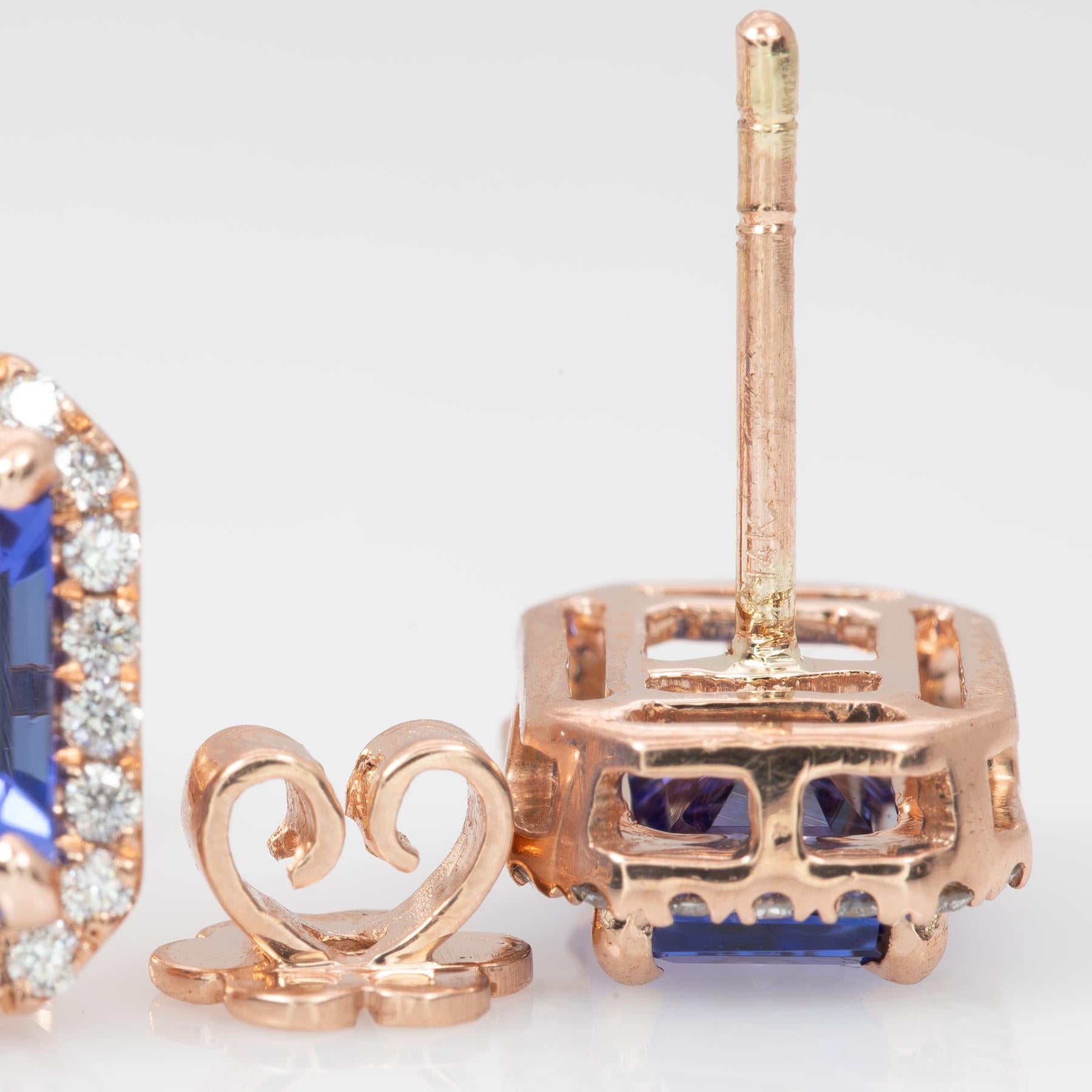 Tanzanite Stud Earrings in 14K Rose Gold | Diamond Accents | Emerald Cut | December Birthstone