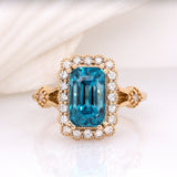 Isola 14K Yellow Gold Cambodian Blue Zircon and Diamond Ring | EM 10x5.5mm