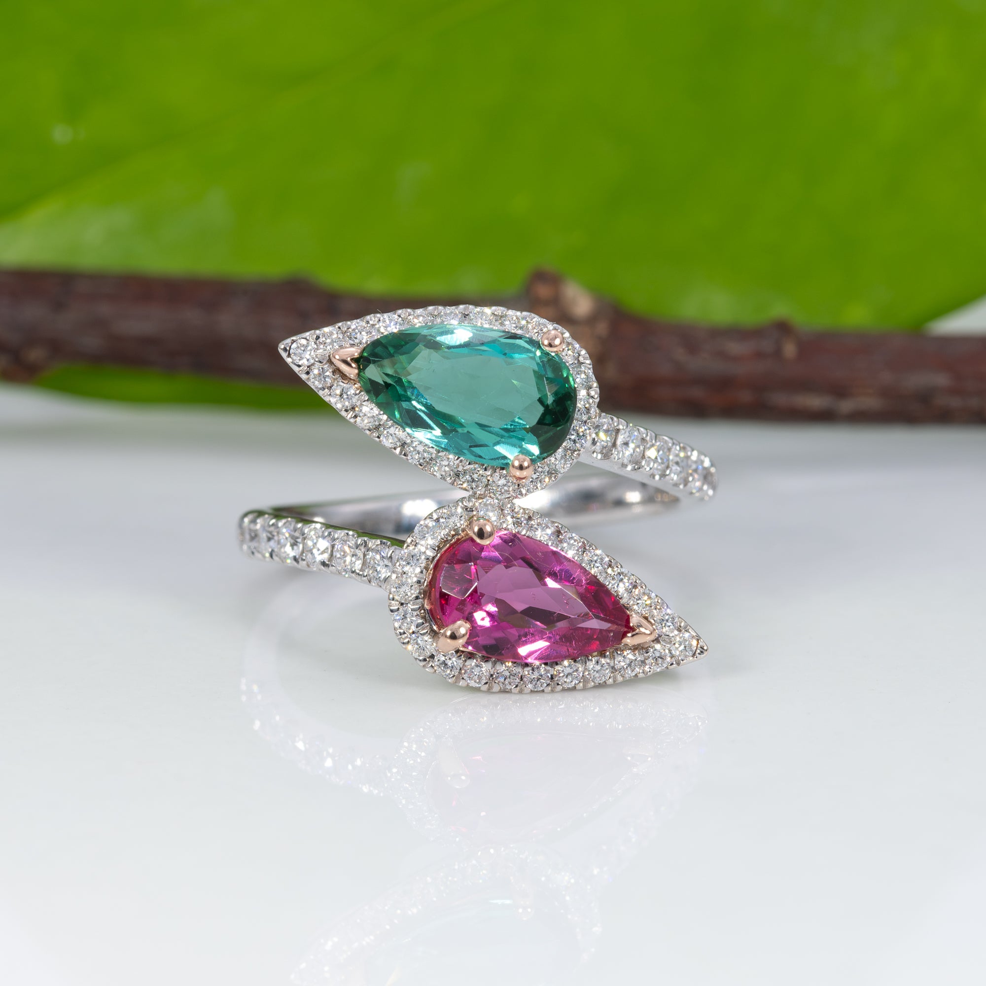 14K white & rose gold pink & indicolite tourmaline ring