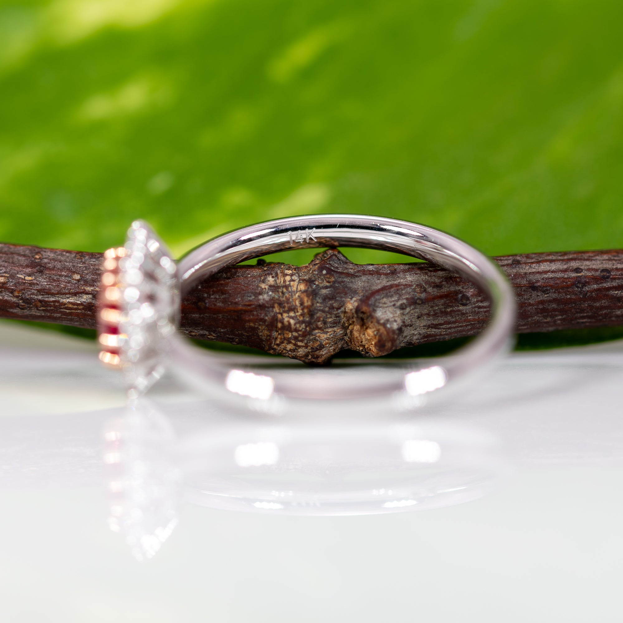 14K white & rose gold padparadscha sapphire ring with diamond accents