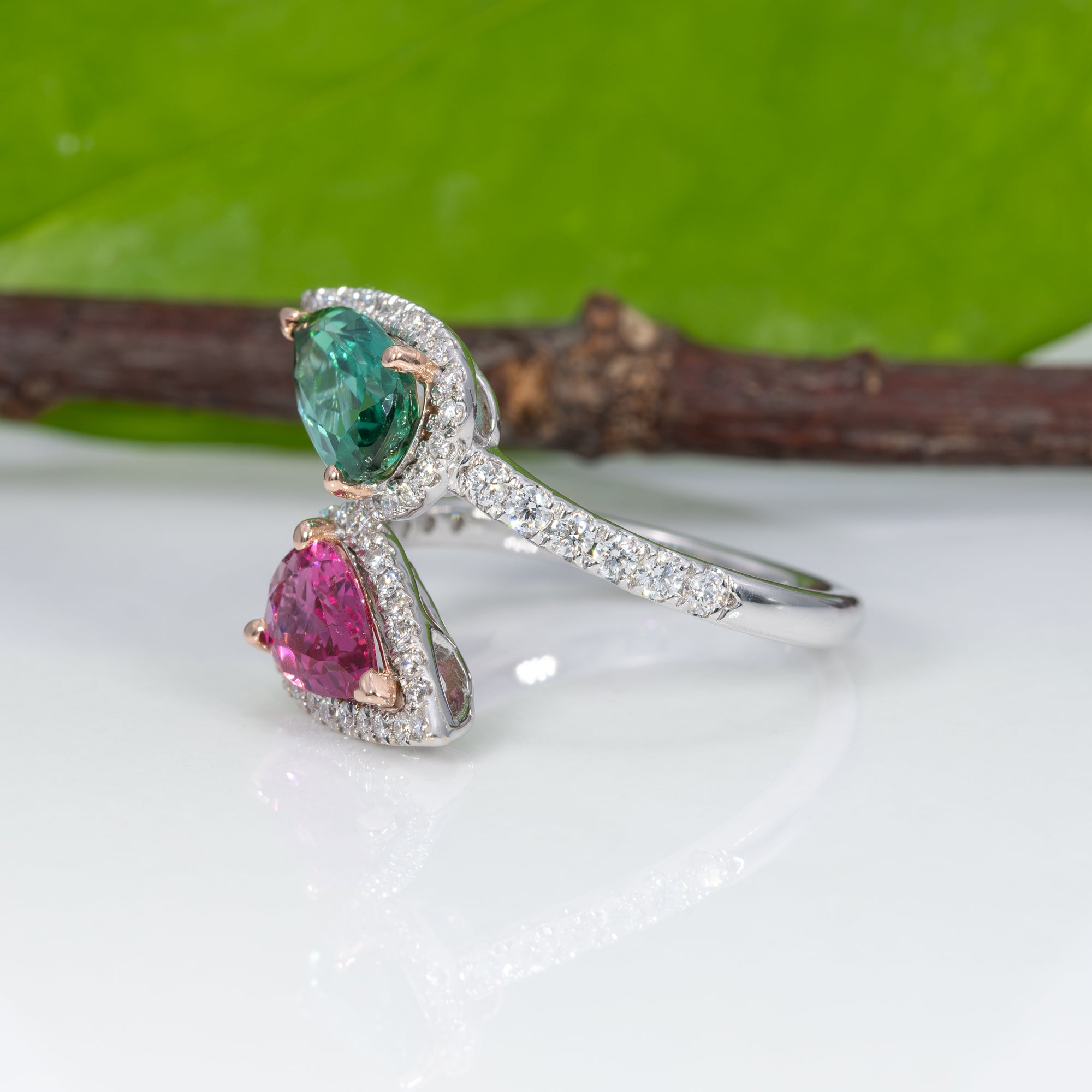 14K white & rose gold pink & indicolite tourmaline ring