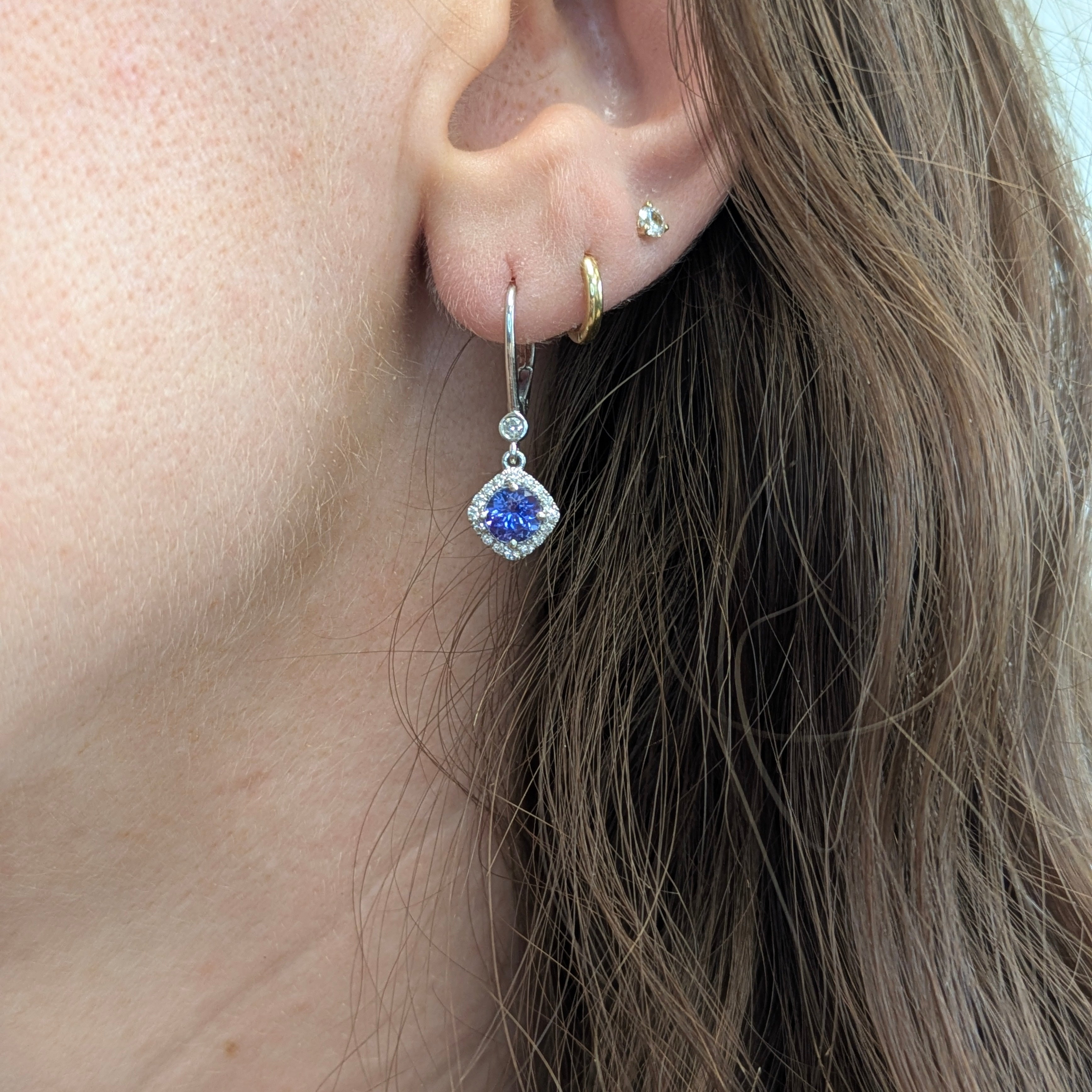Tanzanite Stud Earrings in 14K White Gold | Diamond Halo | Round Cut | 5mm | December Birthstone