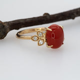 2.3Ct Italian Coral Ring with Earth Mined Diamond Accents in Solid 14K Gold – 10x8mm Statement Fine Jewelry Ring