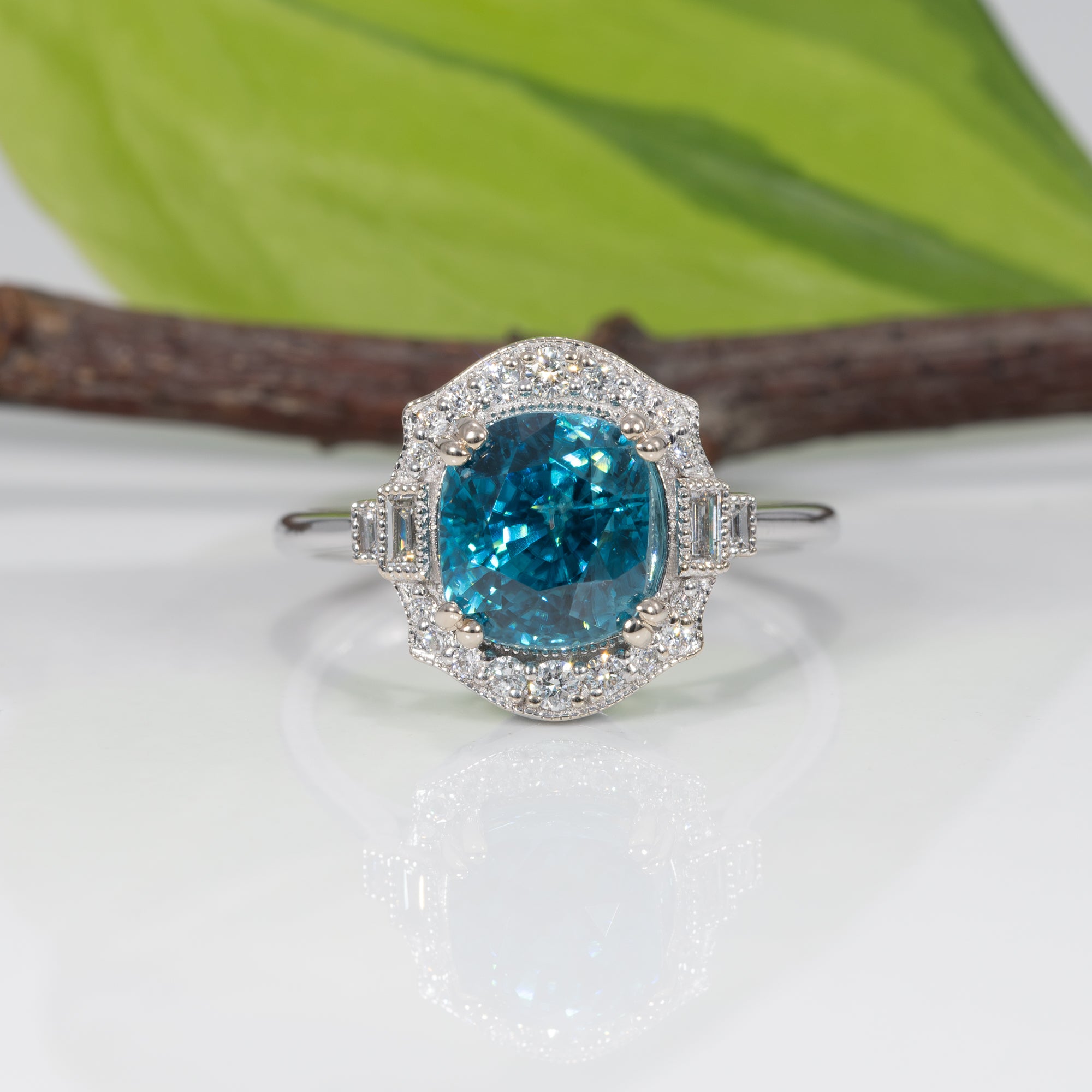 14K white gold cambodian blue zircon ring