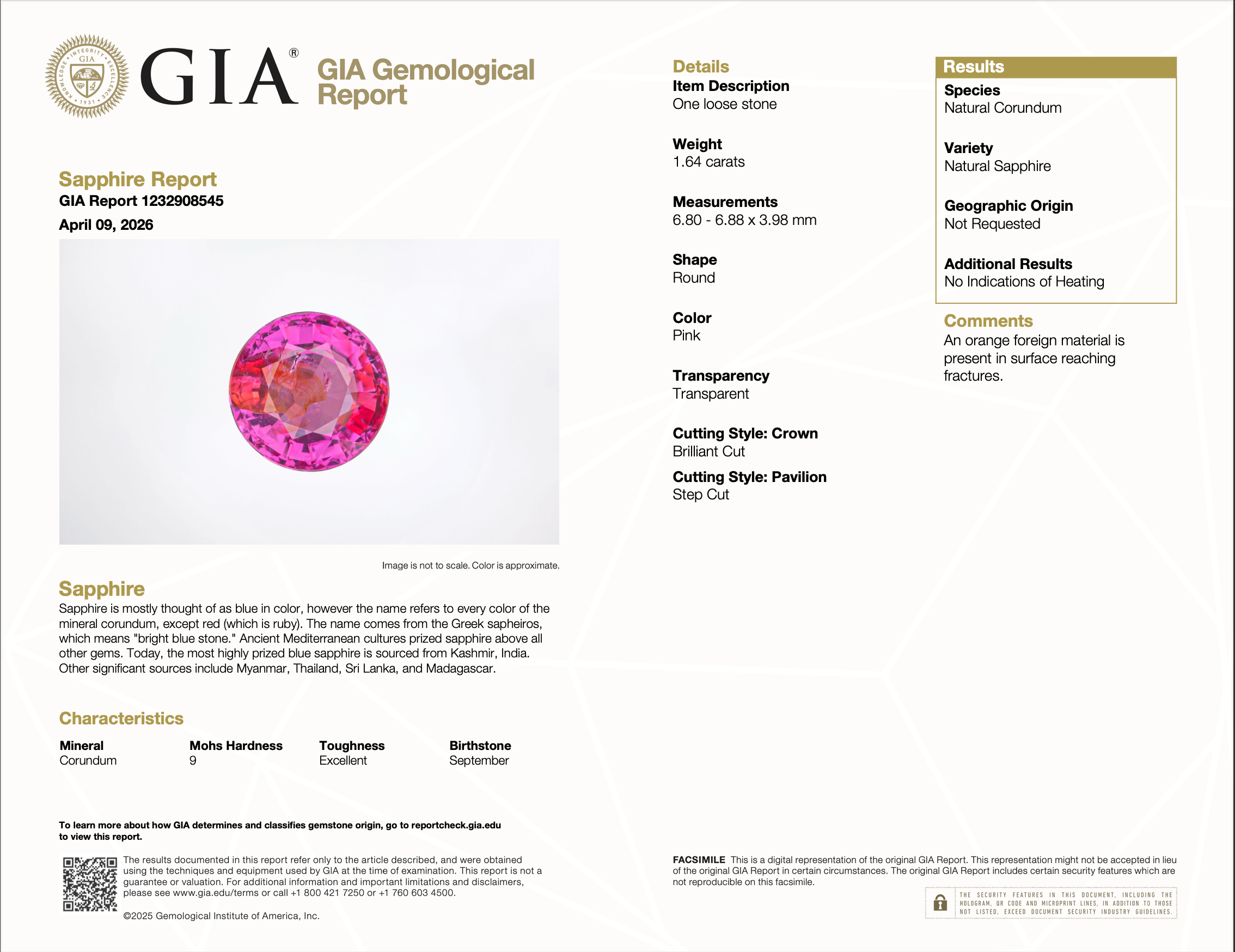 GIA certified natural pink sapphire round loose gemstone