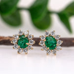 Zambian Emerald Stud Earrings in 14K White Gold | Diamond Halo | Oval Cut | 5x4mm | May Birthstone