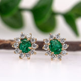 Zambian Emerald Stud Earrings in 14K White Gold | Diamond Halo | Oval Cut | 5x4mm | May Birthstone