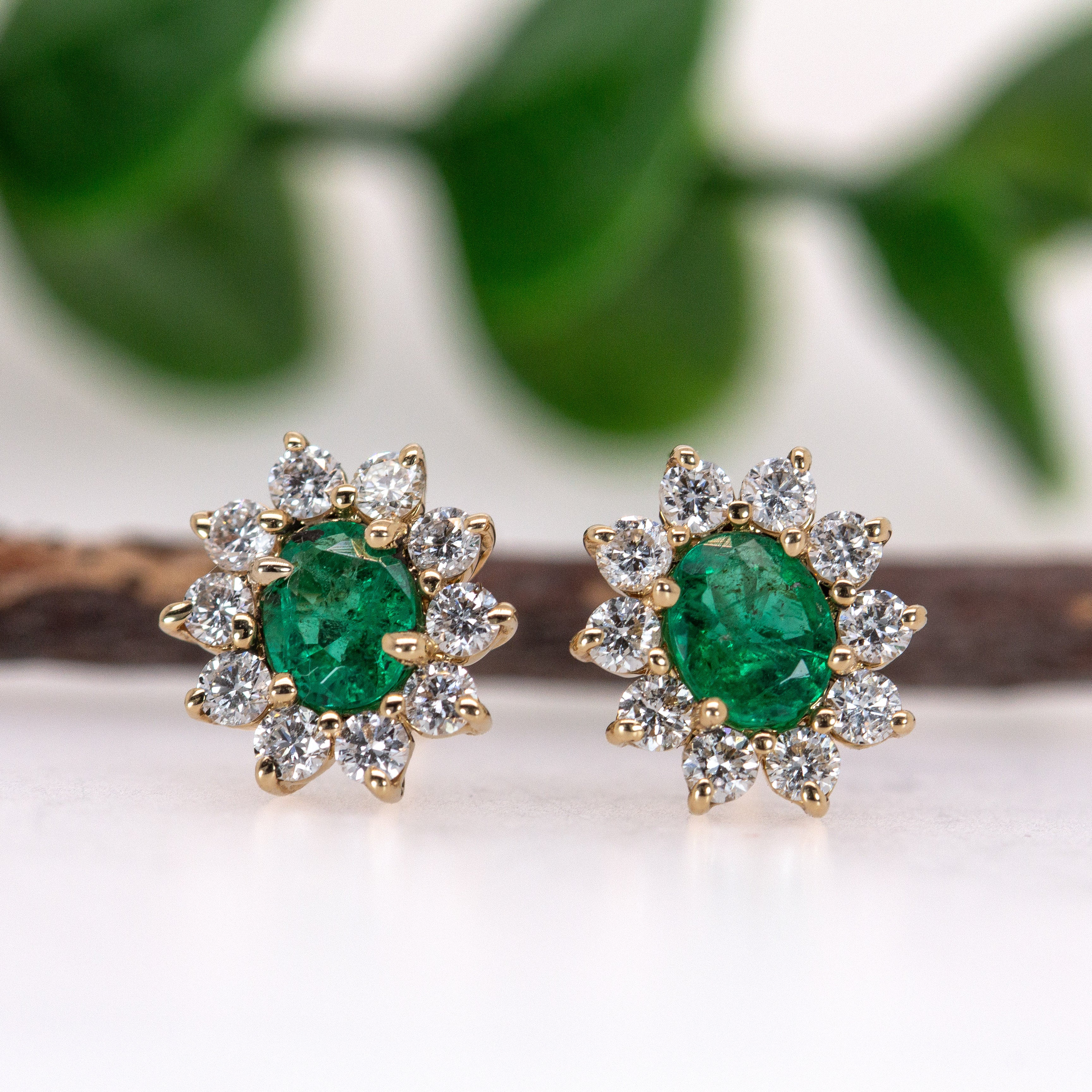 Zambian Emerald Stud Earrings in 14K White Gold | Diamond Halo | Oval Cut | 5x4mm | May Birthstone